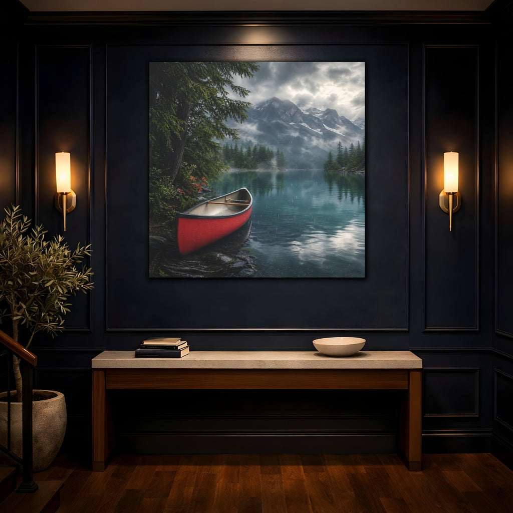 Mockup 4. Nature Canoe Red Canoe Lake shown as stretched canvas wall art