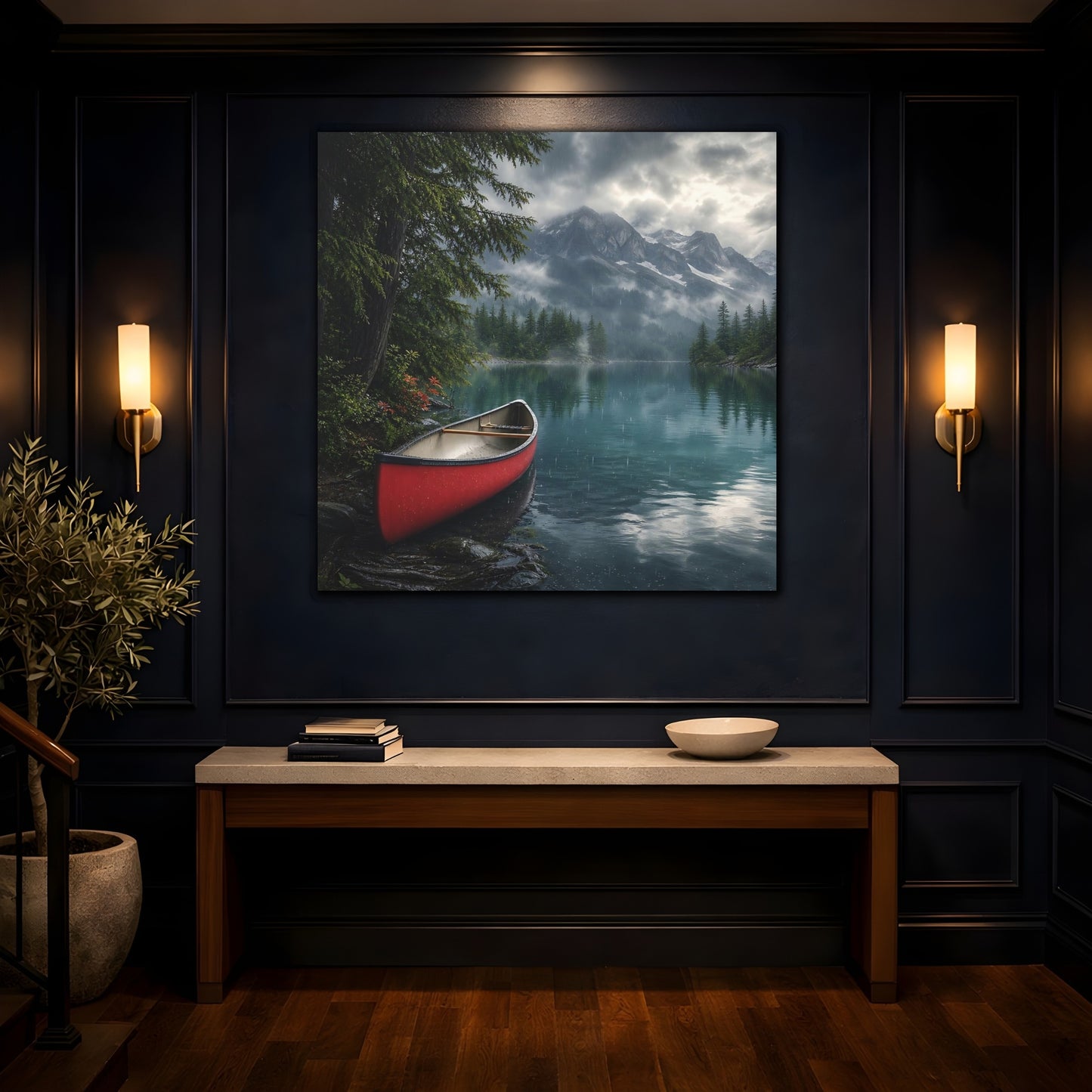 Mockup 4. Nature Canoe Red Canoe Lake shown as stretched canvas wall art