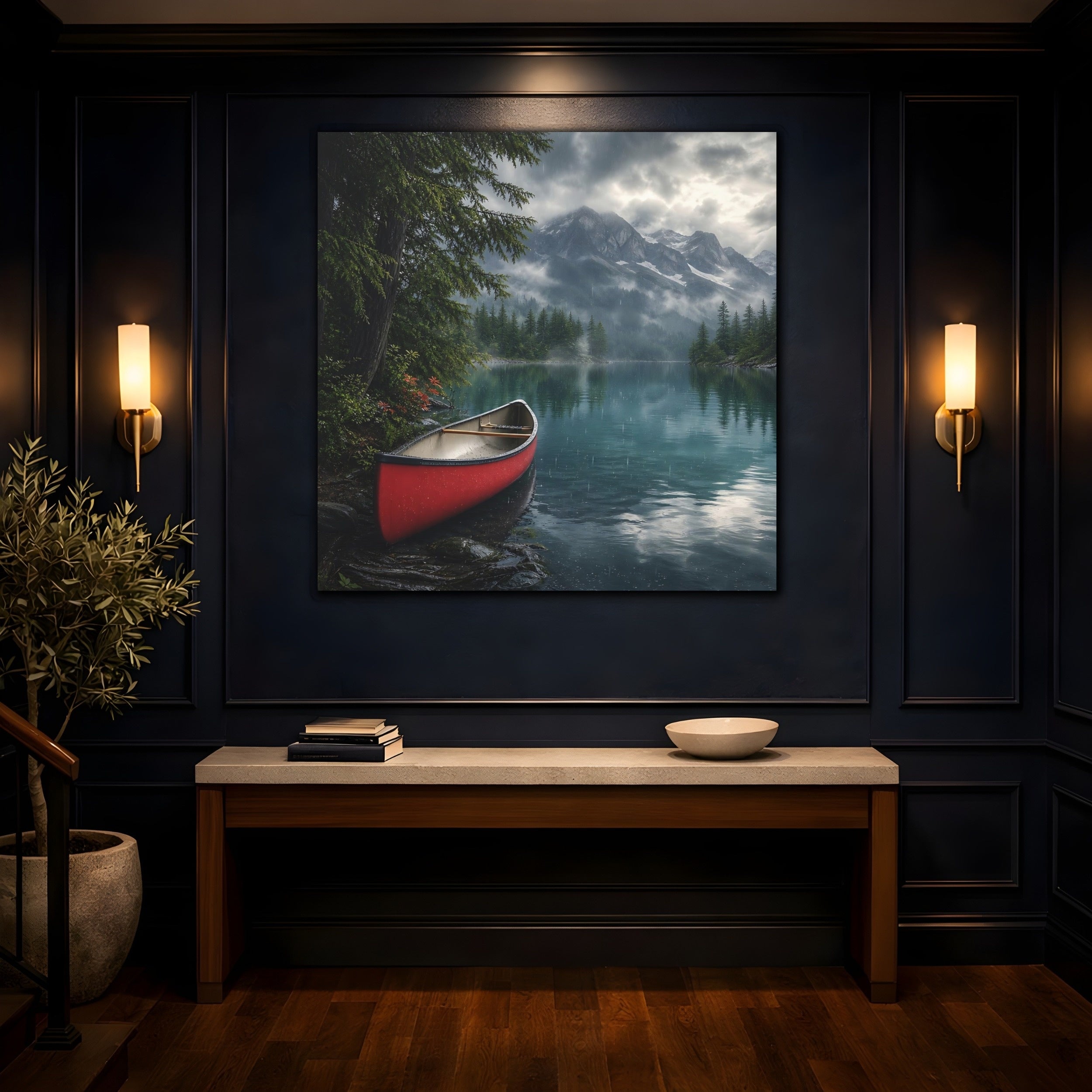Mockup 4. Nature Canoe Red Canoe Lake shown as stretched canvas wall art