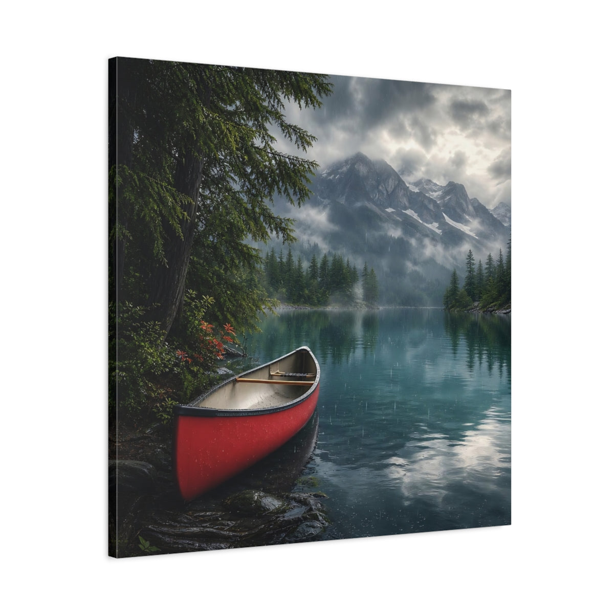 Side Mockup 3. Nature Canoe Red Canoe Lake shown as stretched canvas wall art