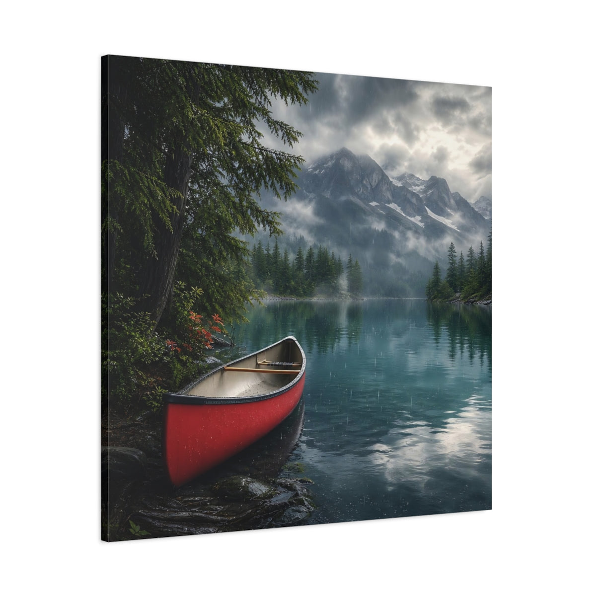 Side Mockup 1. Nature Canoe Red Canoe Lake shown as stretched canvas wall art
