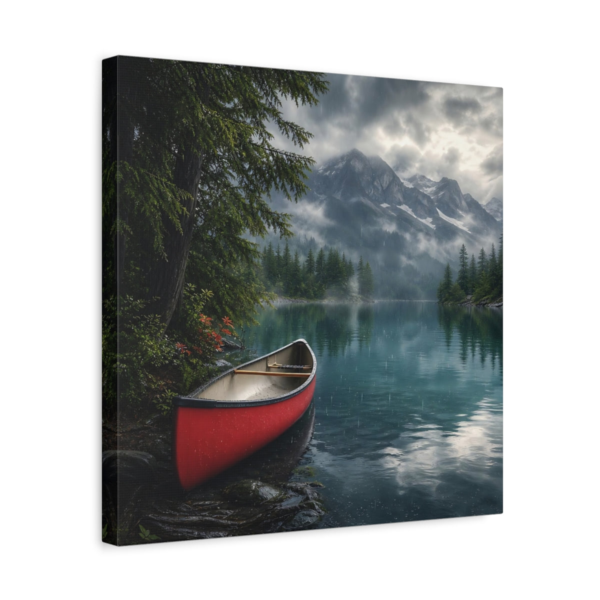 Side Mockup 6. Nature Canoe Red Canoe Lake shown as stretched canvas wall art