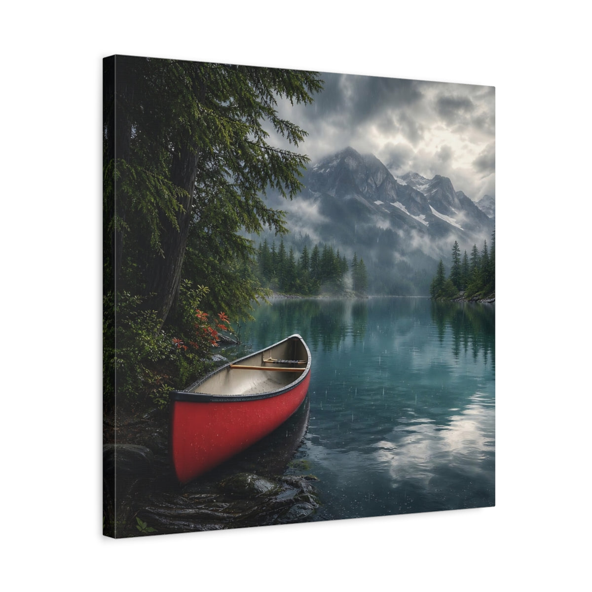 Side Mockup 5. Nature Canoe Red Canoe Lake shown as stretched canvas wall art