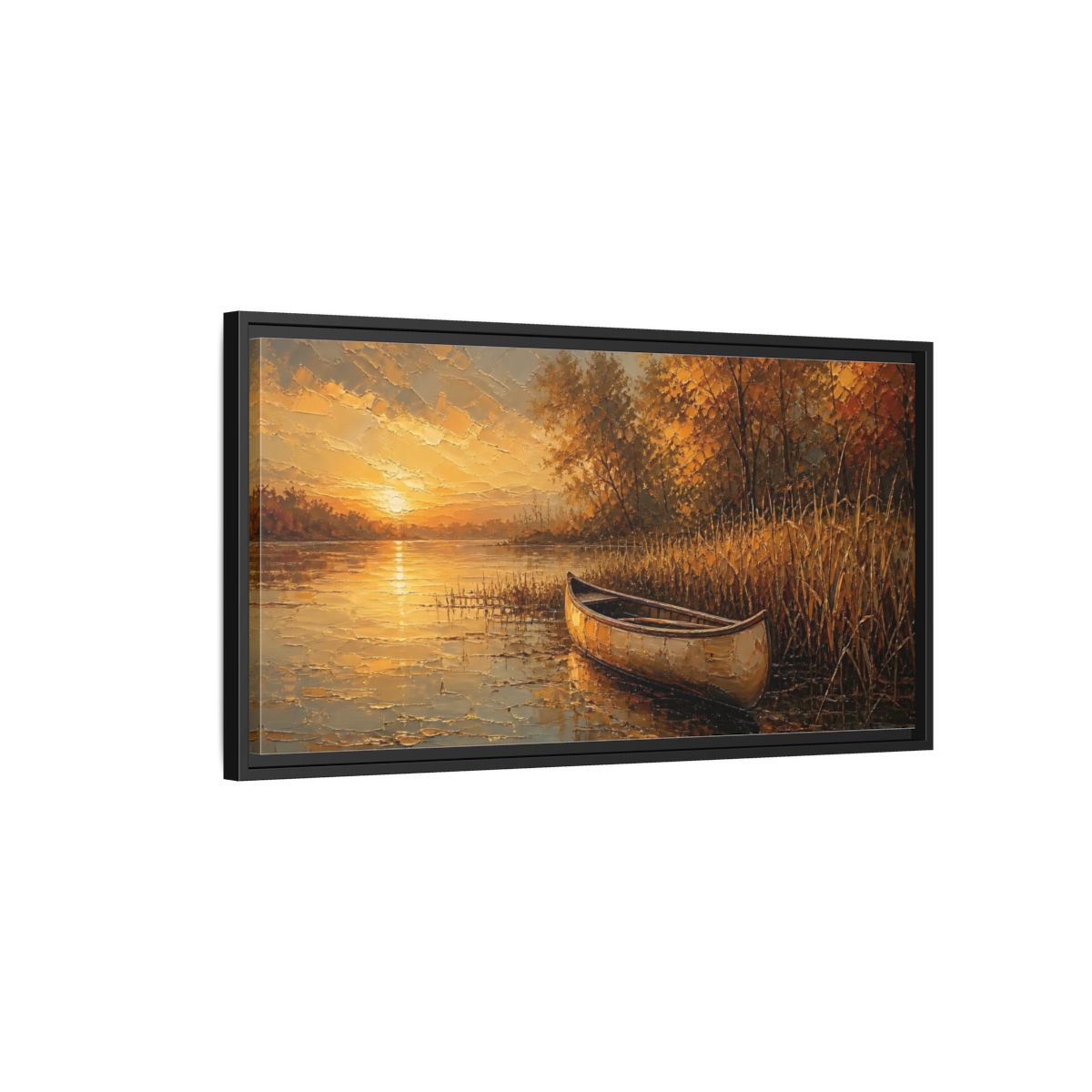 Side Mockup 2. Nature Canoe Sunset Golden Sunset shown as stretched canvas wall art