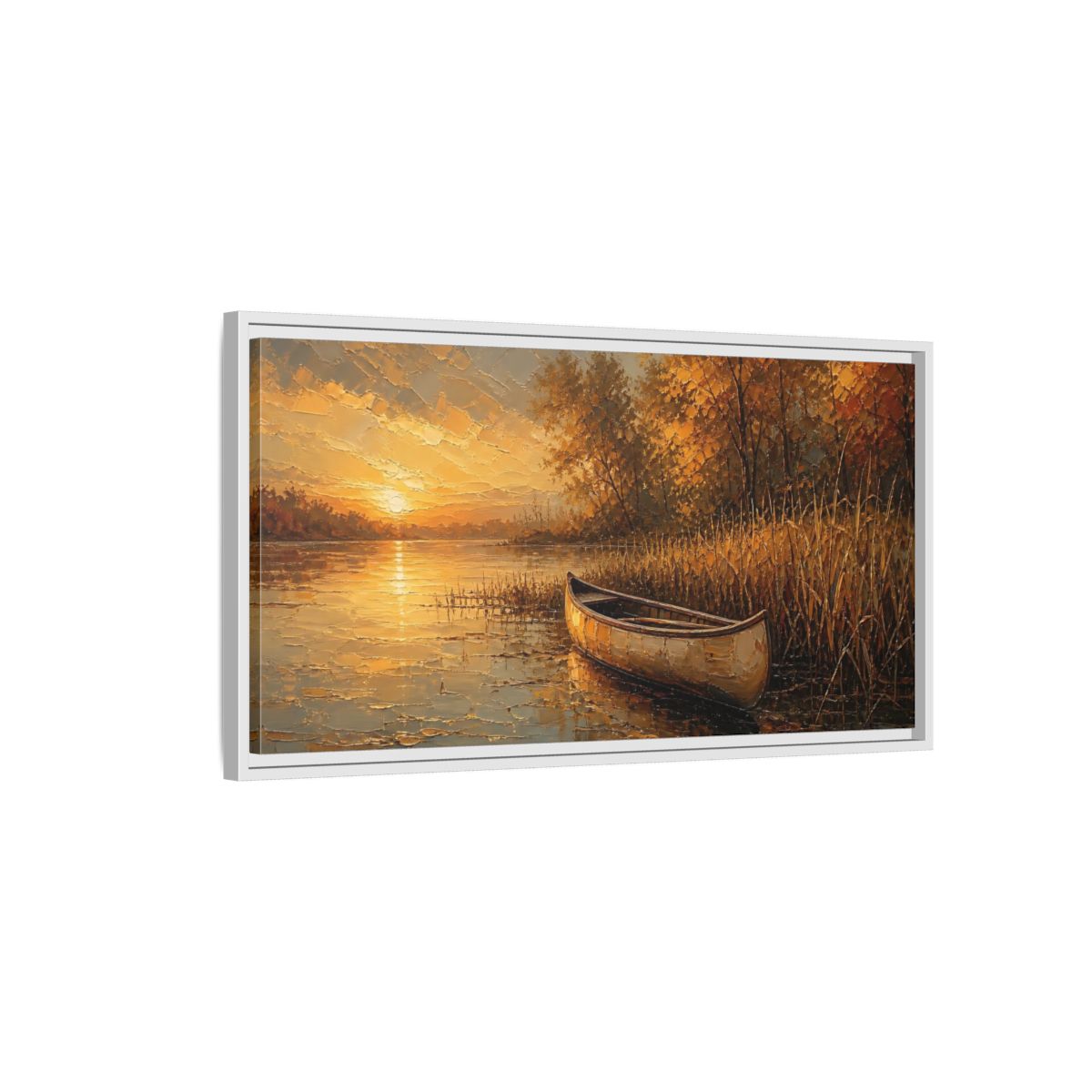 Side Mockup 1. Nature Canoe Sunset Golden Sunset shown as stretched canvas wall art