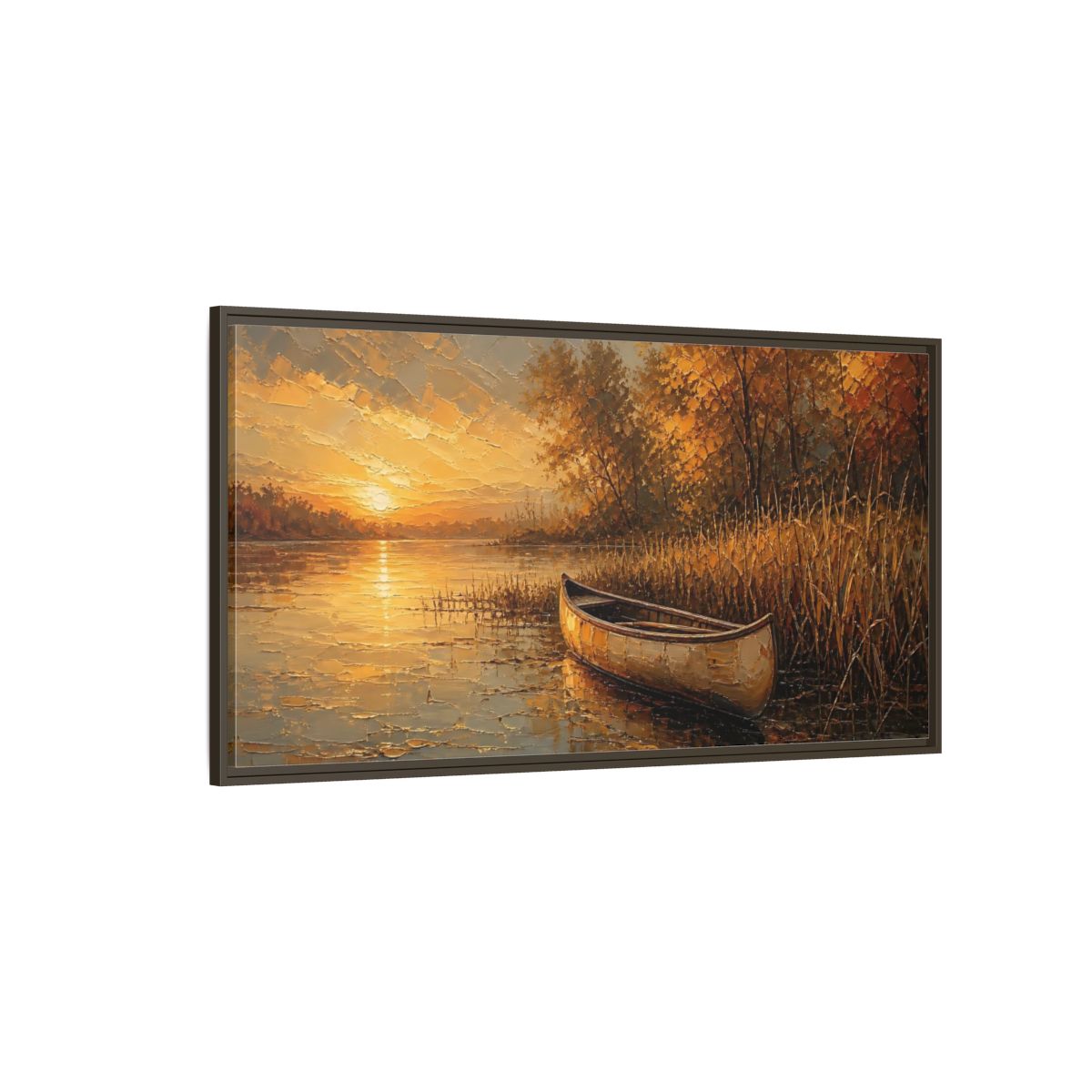 Side Mockup 4. Nature Canoe Sunset Golden Sunset shown as stretched canvas wall art