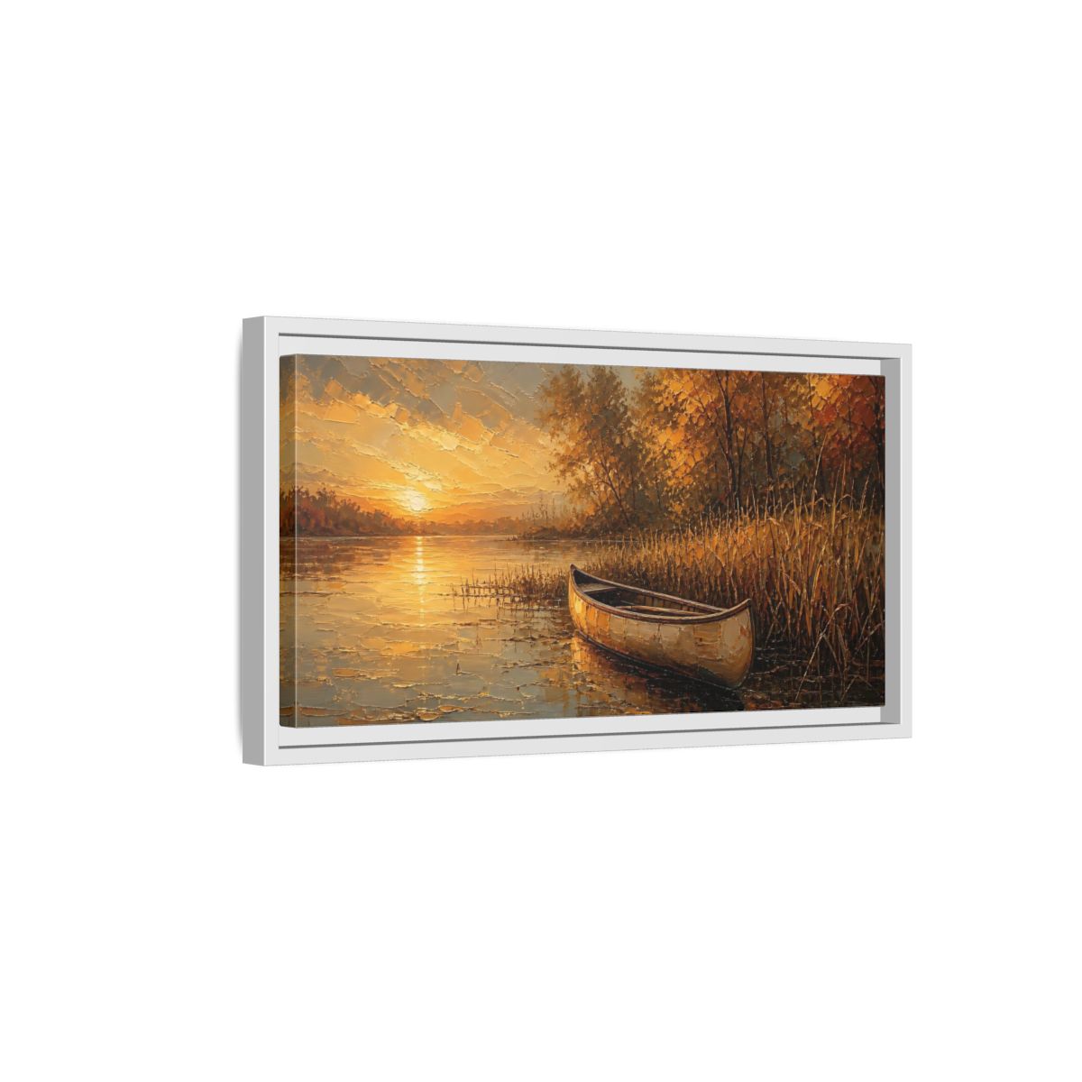Side Mockup 6. Nature Canoe Sunset Golden Sunset shown as stretched canvas wall art
