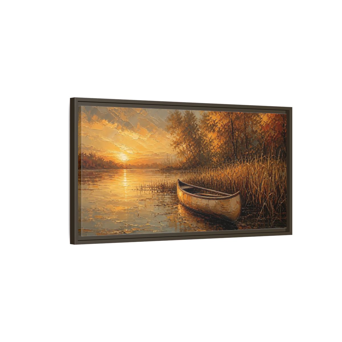 Main Mockup. Nature Canoe Sunset Golden Sunset shown as stretched canvas wall art
