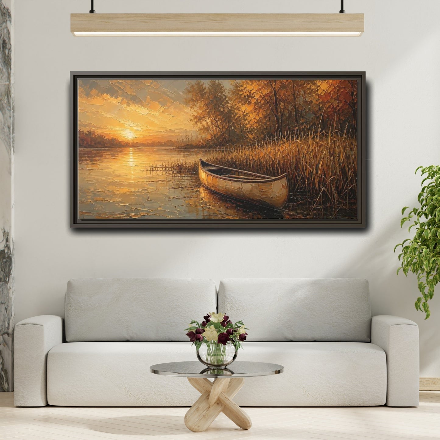 Mockup 2. Nature Canoe Sunset Golden Sunset shown as stretched canvas wall art
