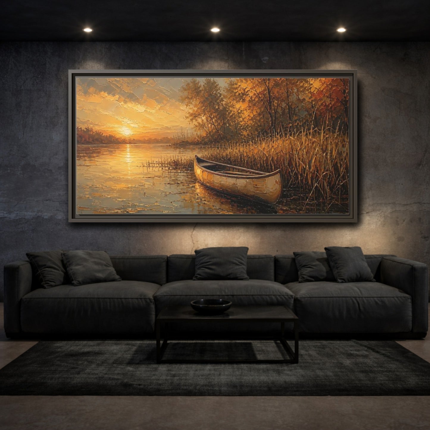 Mockup 3. Nature Canoe Sunset Golden Sunset shown as stretched canvas wall art