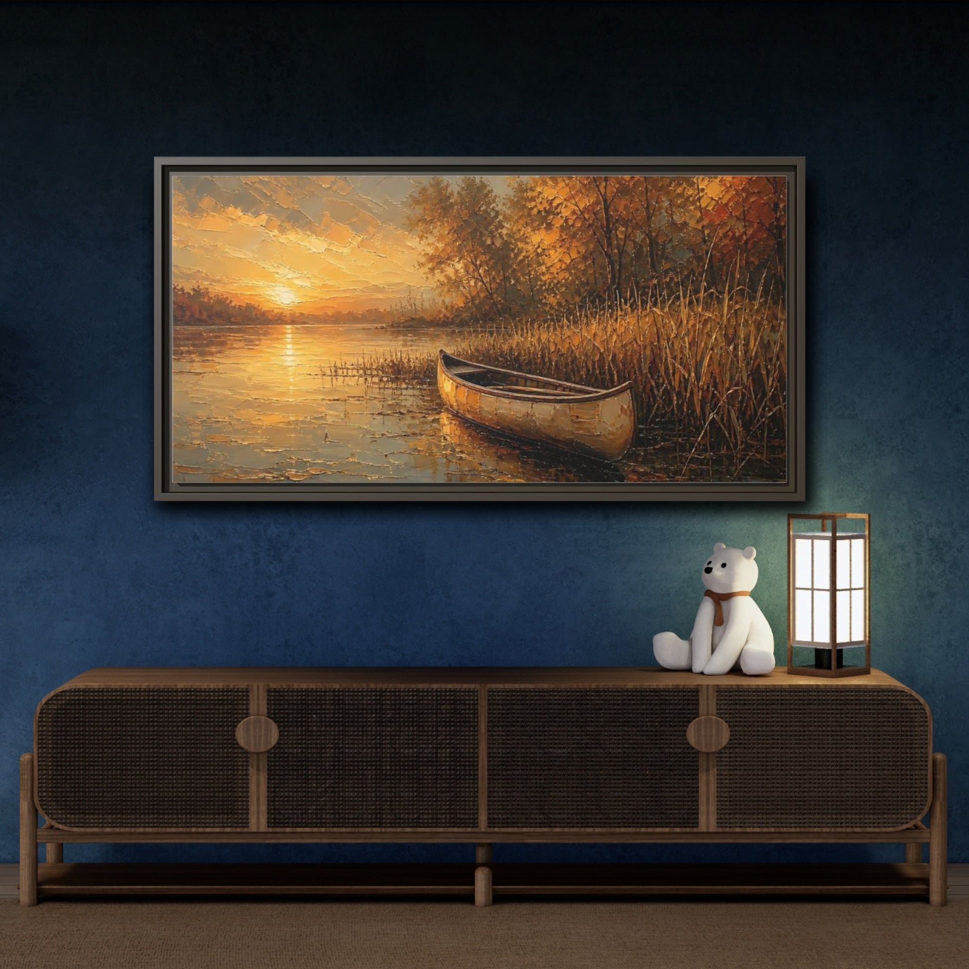 Mockup 4. Nature Canoe Sunset Golden Sunset shown as stretched canvas wall art