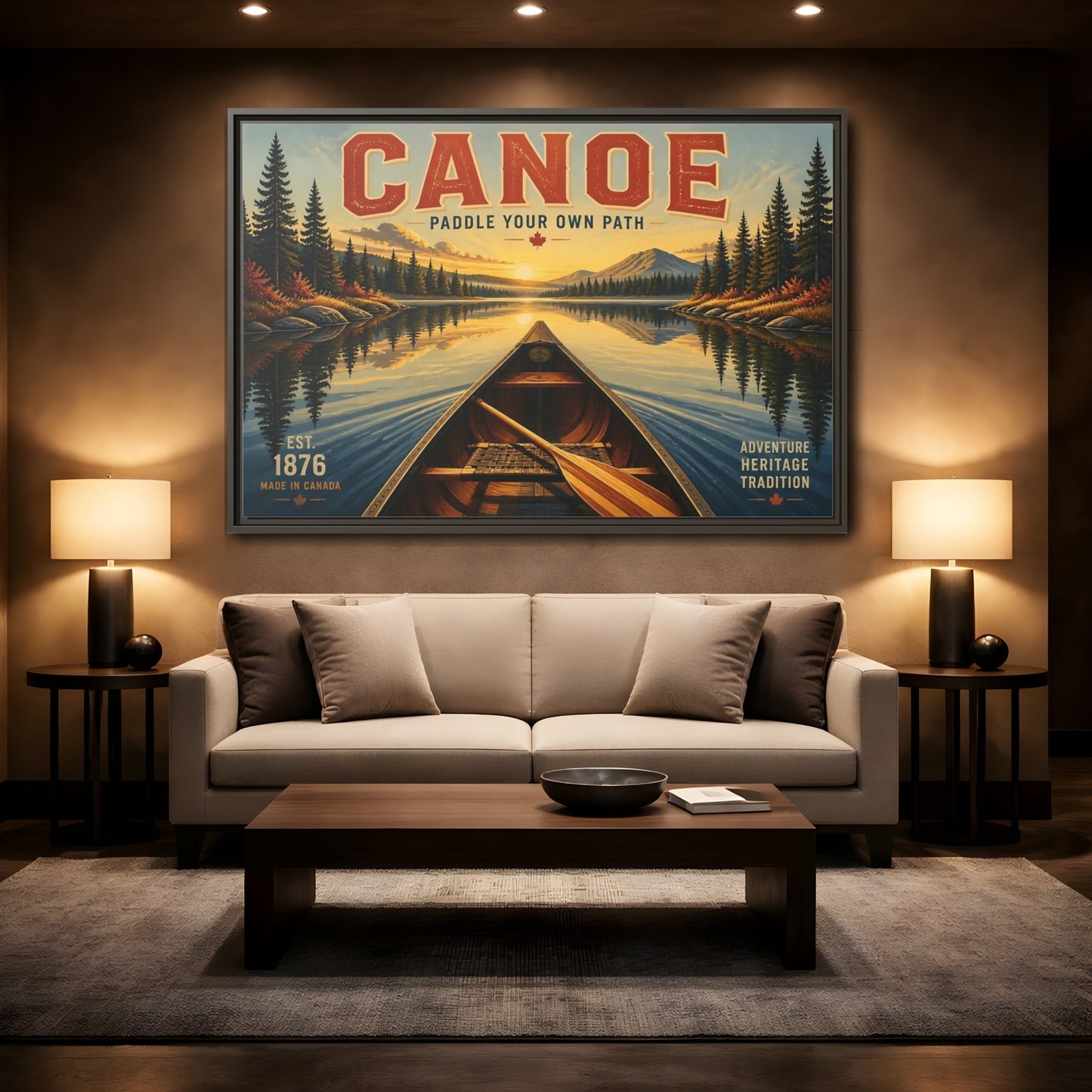 Mockup 2. Nature Canoe Vintage Canoe Sunset shown as framed canvas print