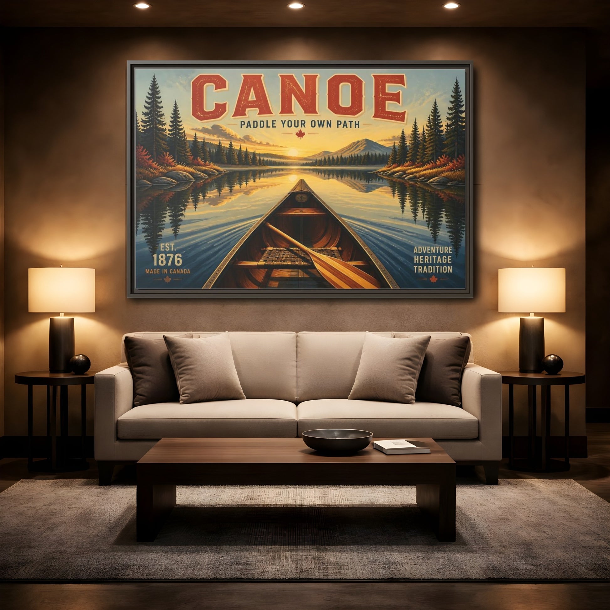 Mockup 2. Nature Canoe Vintage Canoe Sunset shown as framed canvas print