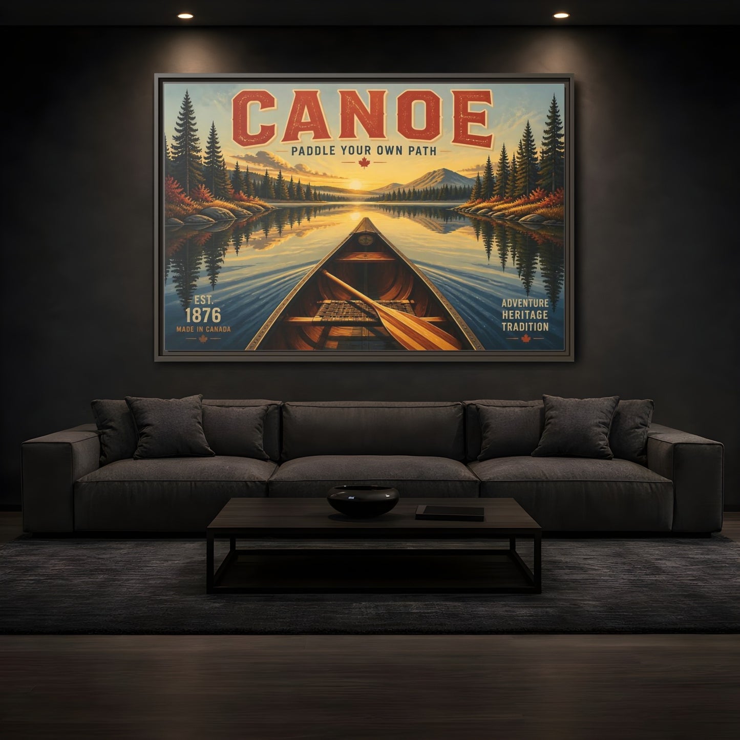 Mockup 3. Nature Canoe Vintage Canoe Sunset shown as framed canvas print