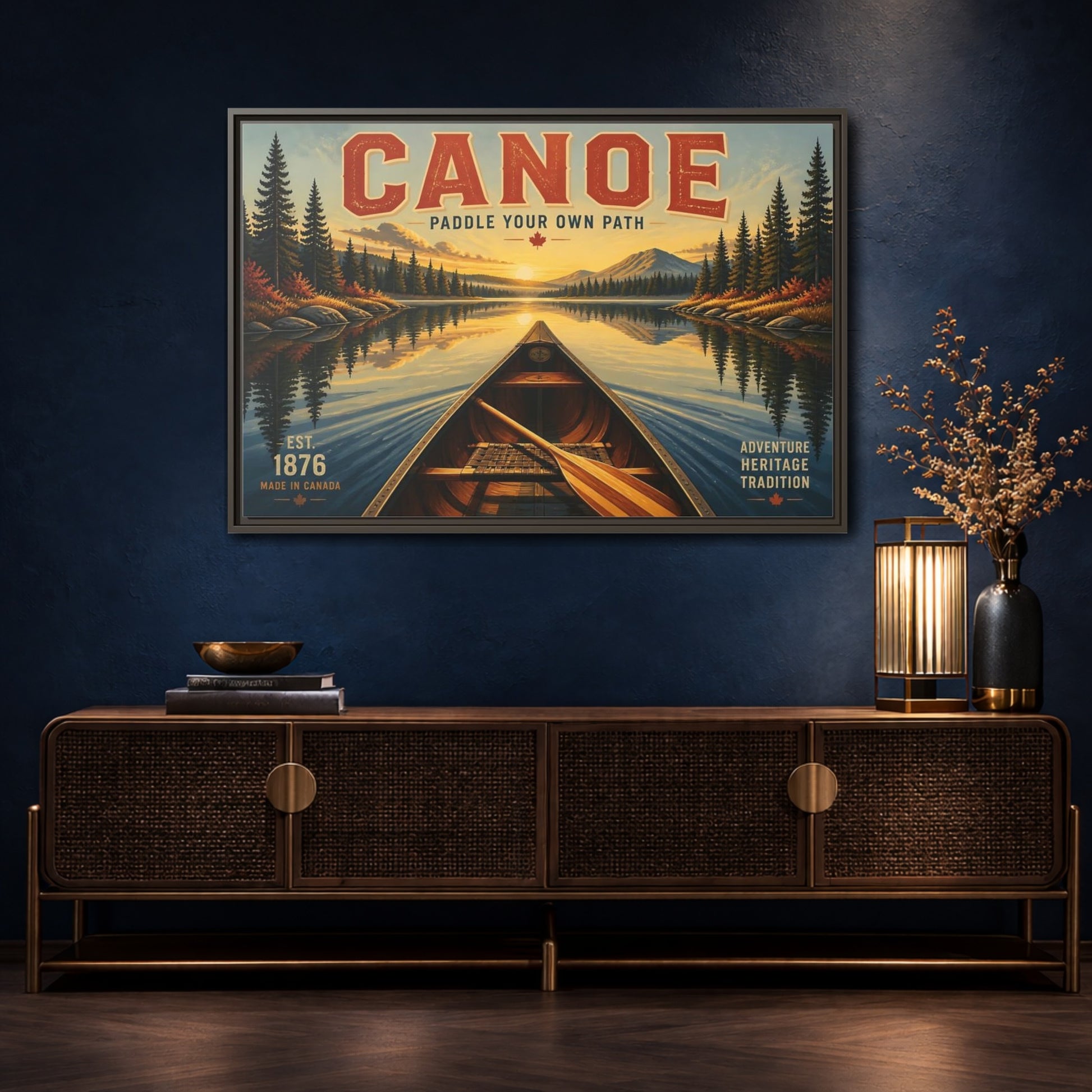 Mockup 4. Nature Canoe Vintage Canoe Sunset shown as framed canvas print