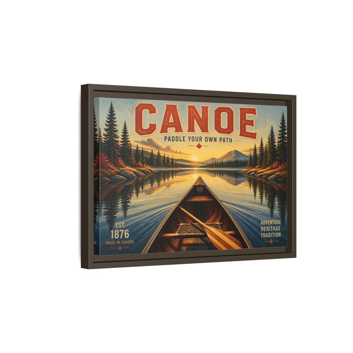 Side Mockup 5. Nature Canoe Vintage Canoe Sunset shown as framed canvas print