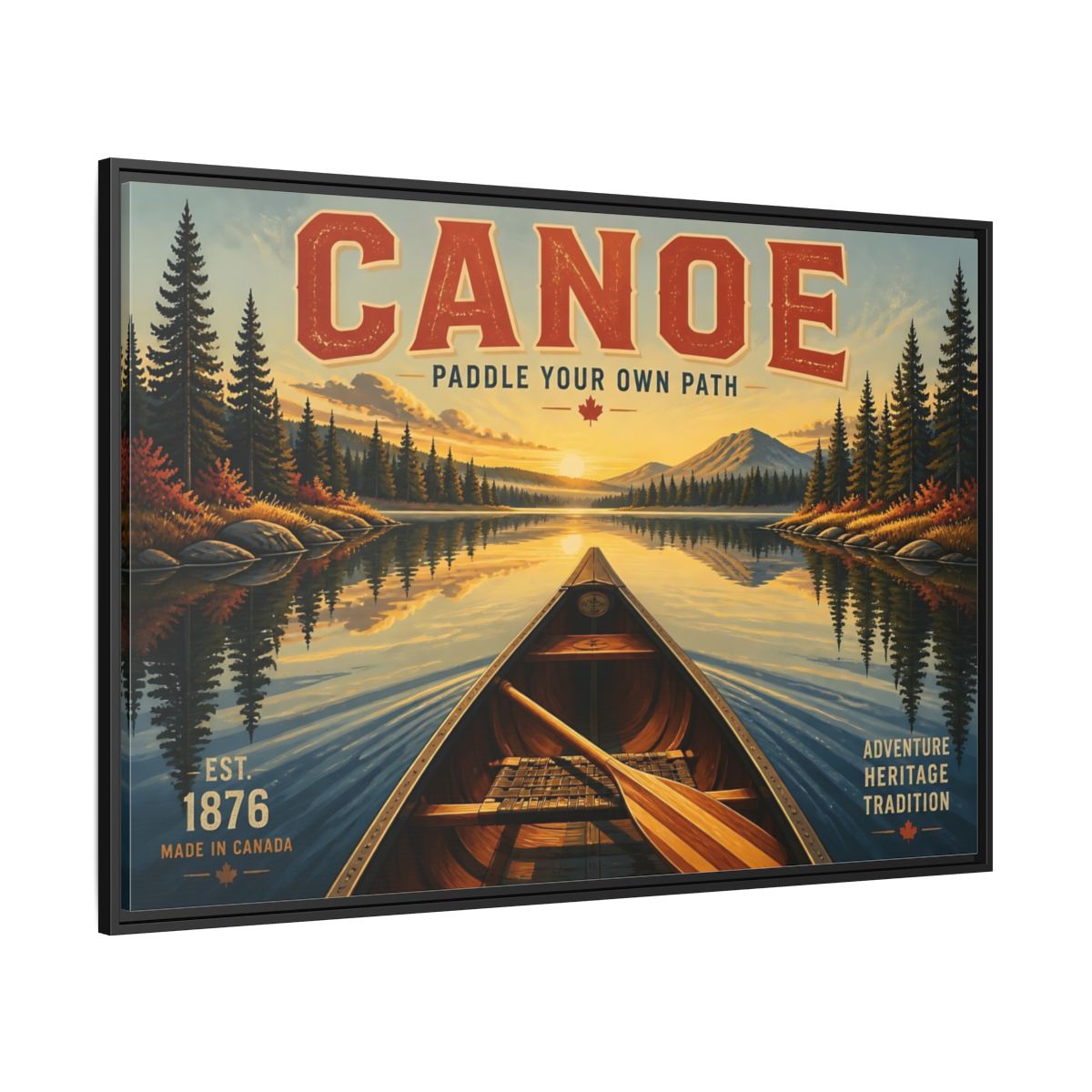Side Mockup 12. Nature Canoe Vintage Canoe Sunset shown as framed canvas print