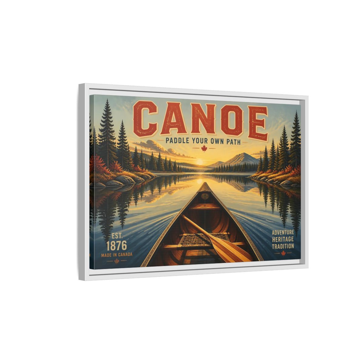 Side Mockup 1. Nature Canoe Vintage Canoe Sunset shown as framed canvas print