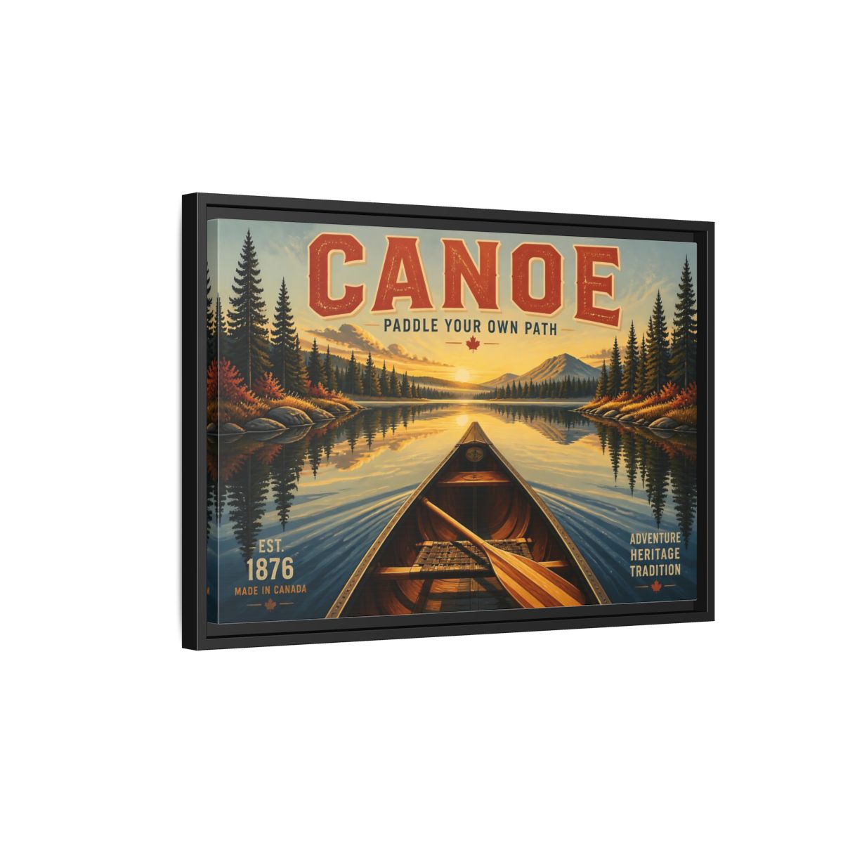 Side Mockup 3. Nature Canoe Vintage Canoe Sunset shown as framed canvas print