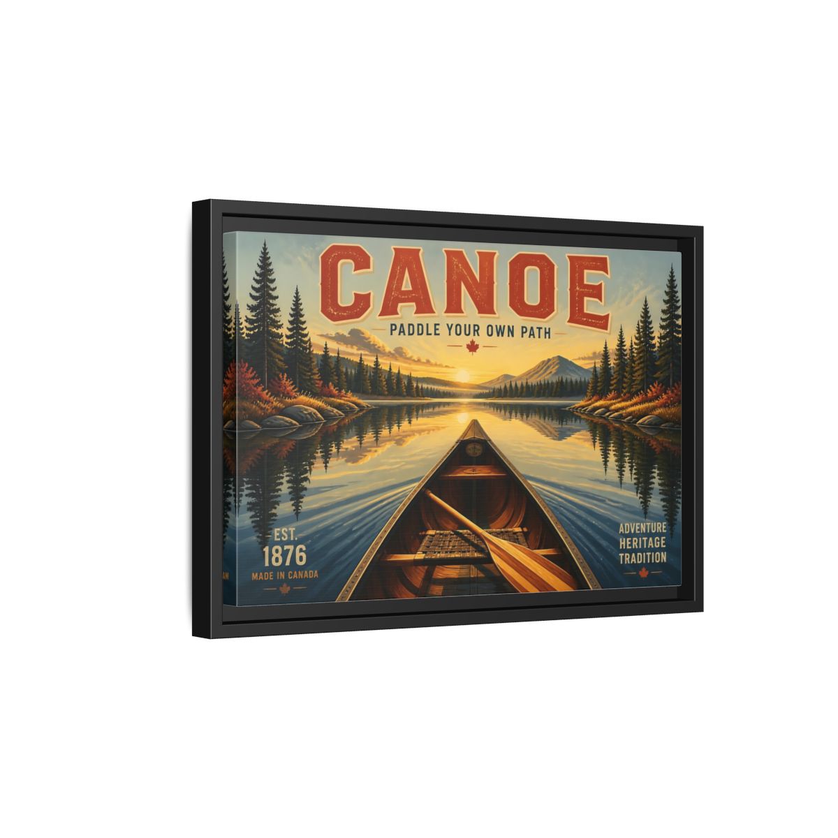 Side Mockup 6. Nature Canoe Vintage Canoe Sunset shown as framed canvas print
