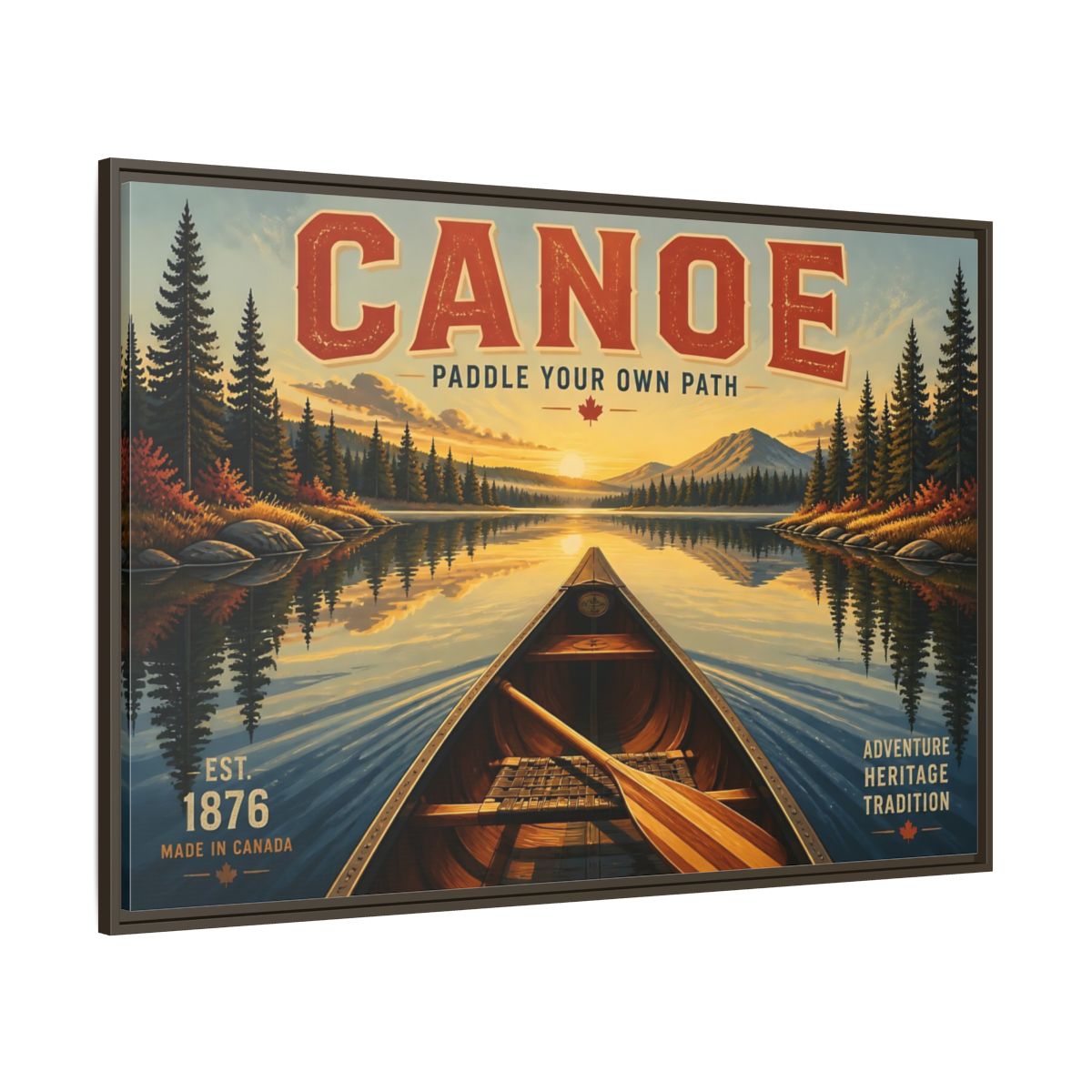 Side Mockup 8. Nature Canoe Vintage Canoe Sunset shown as framed canvas print