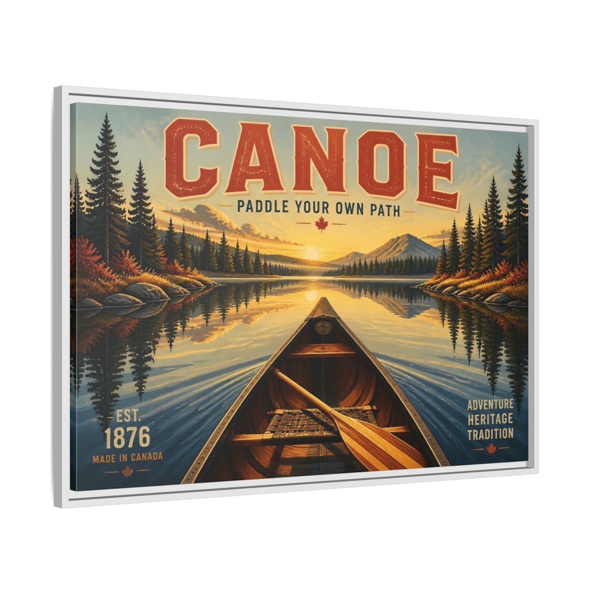 Side Mockup 9. Nature Canoe Vintage Canoe Sunset shown as framed canvas print