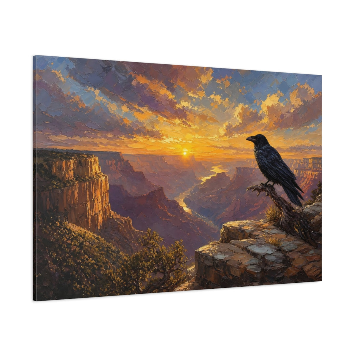 Side Mockup 1. Nature Canyon Crow Sunset Canyon shown as stretched canvas wall art