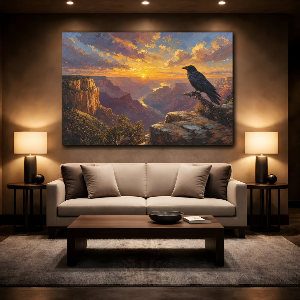 Mockup 2. Nature Canyon Crow Sunset Canyon shown as stretched canvas wall art