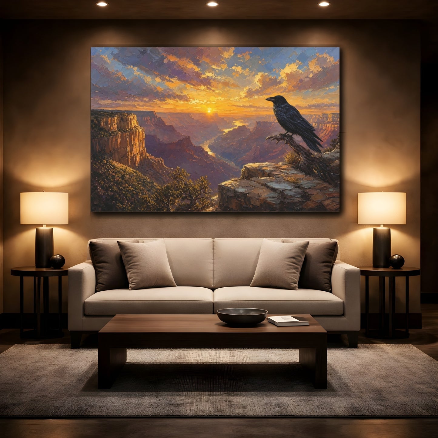 Mockup 2. Nature Canyon Crow Sunset Canyon shown as stretched canvas wall art