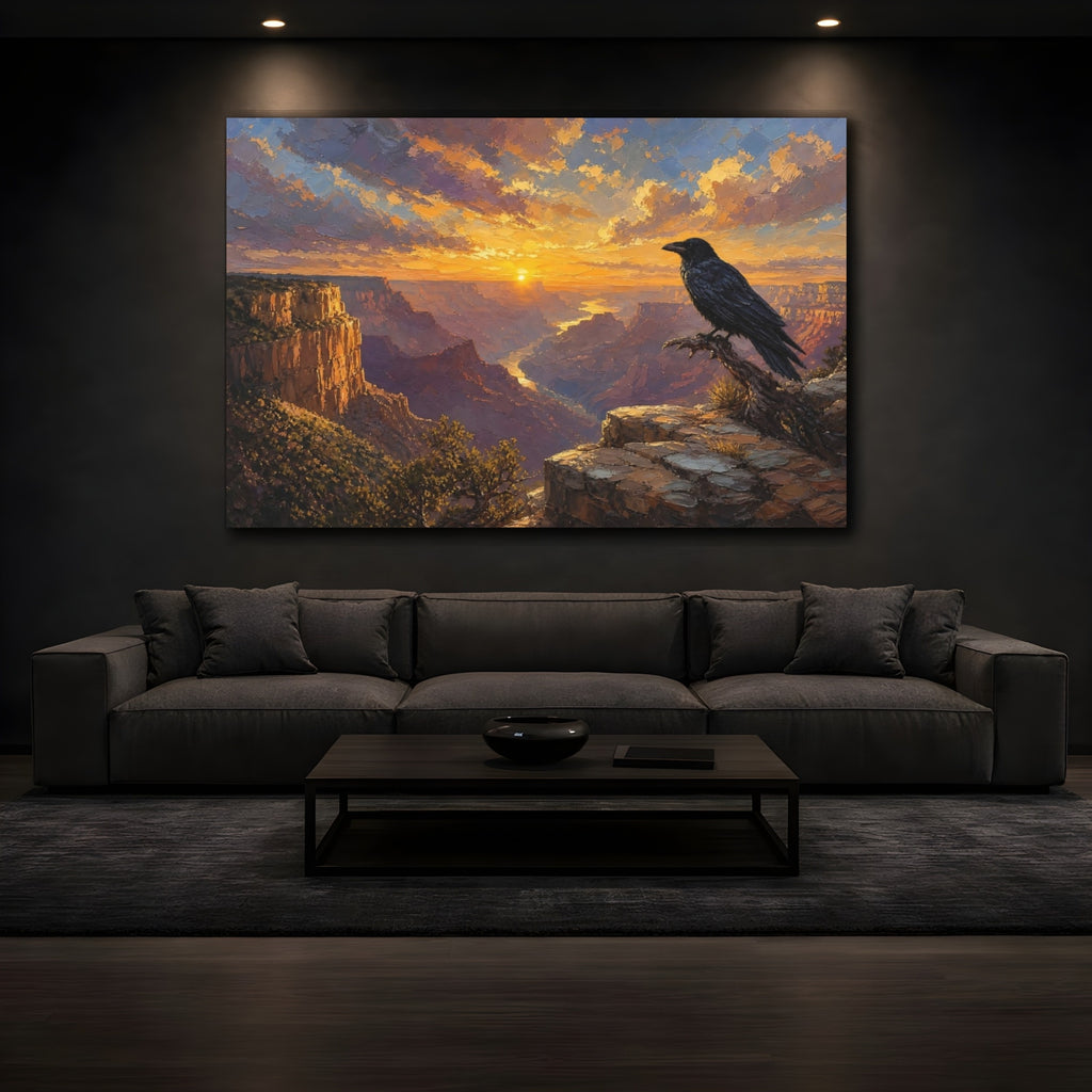Mockup 3. Nature Canyon Crow Sunset Canyon shown as stretched canvas wall art