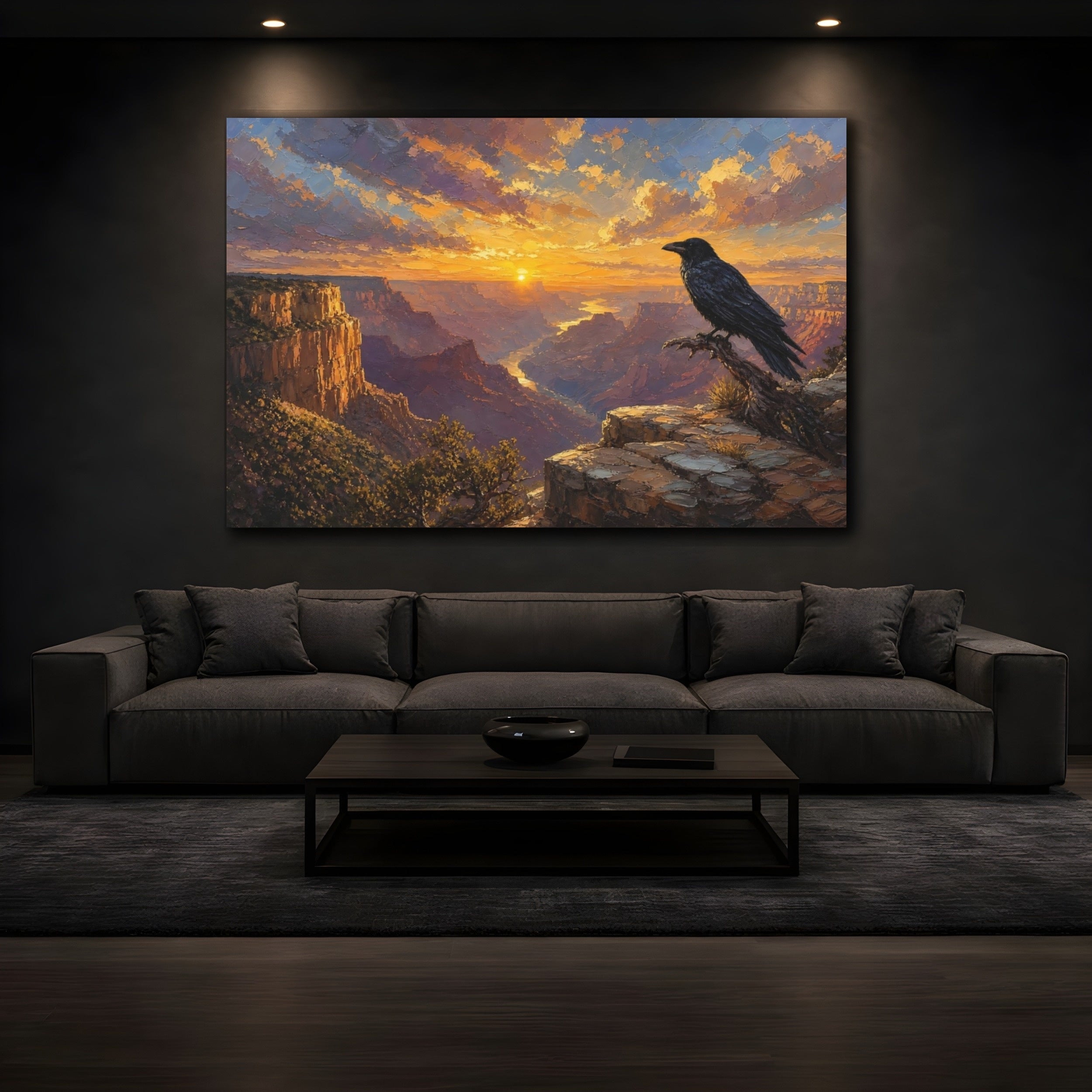 Mockup 3. Nature Canyon Crow Sunset Canyon shown as stretched canvas wall art