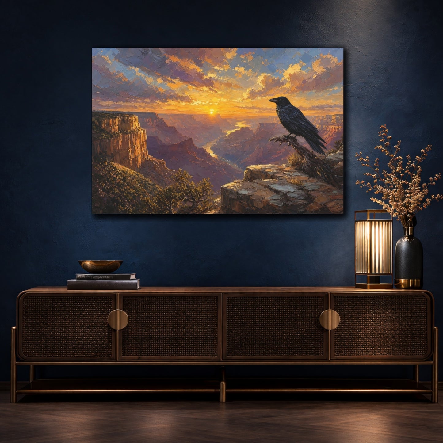 Mockup 4. Nature Canyon Crow Sunset Canyon shown as stretched canvas wall art