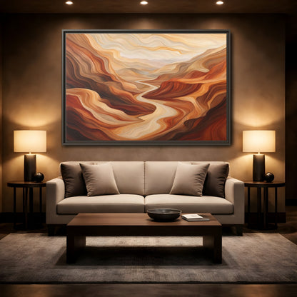 Mockup 2. Nature Canyon River Brown And Orange Landscape shown as stretched canvas wall art