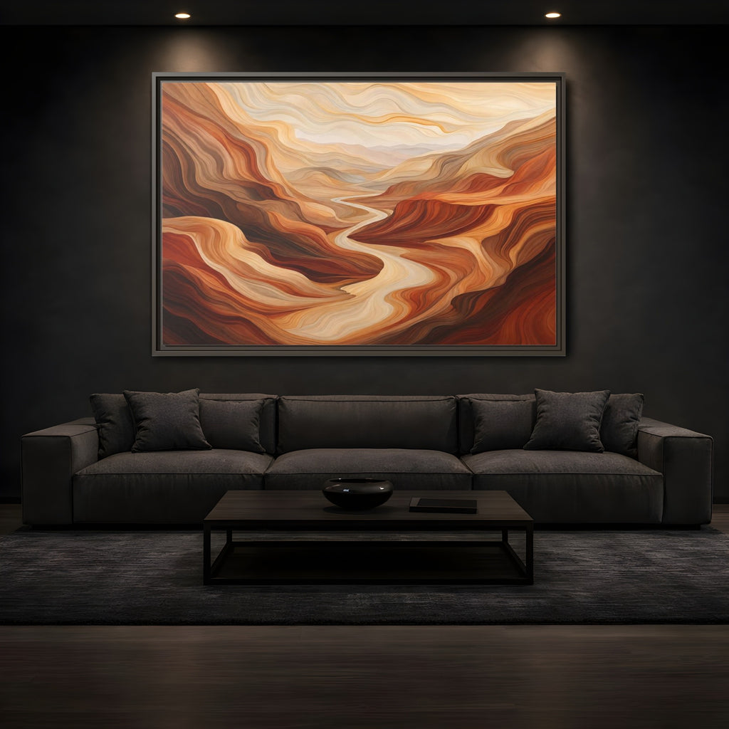 Mockup 3. Nature Canyon River Brown And Orange Landscape shown as stretched canvas wall art