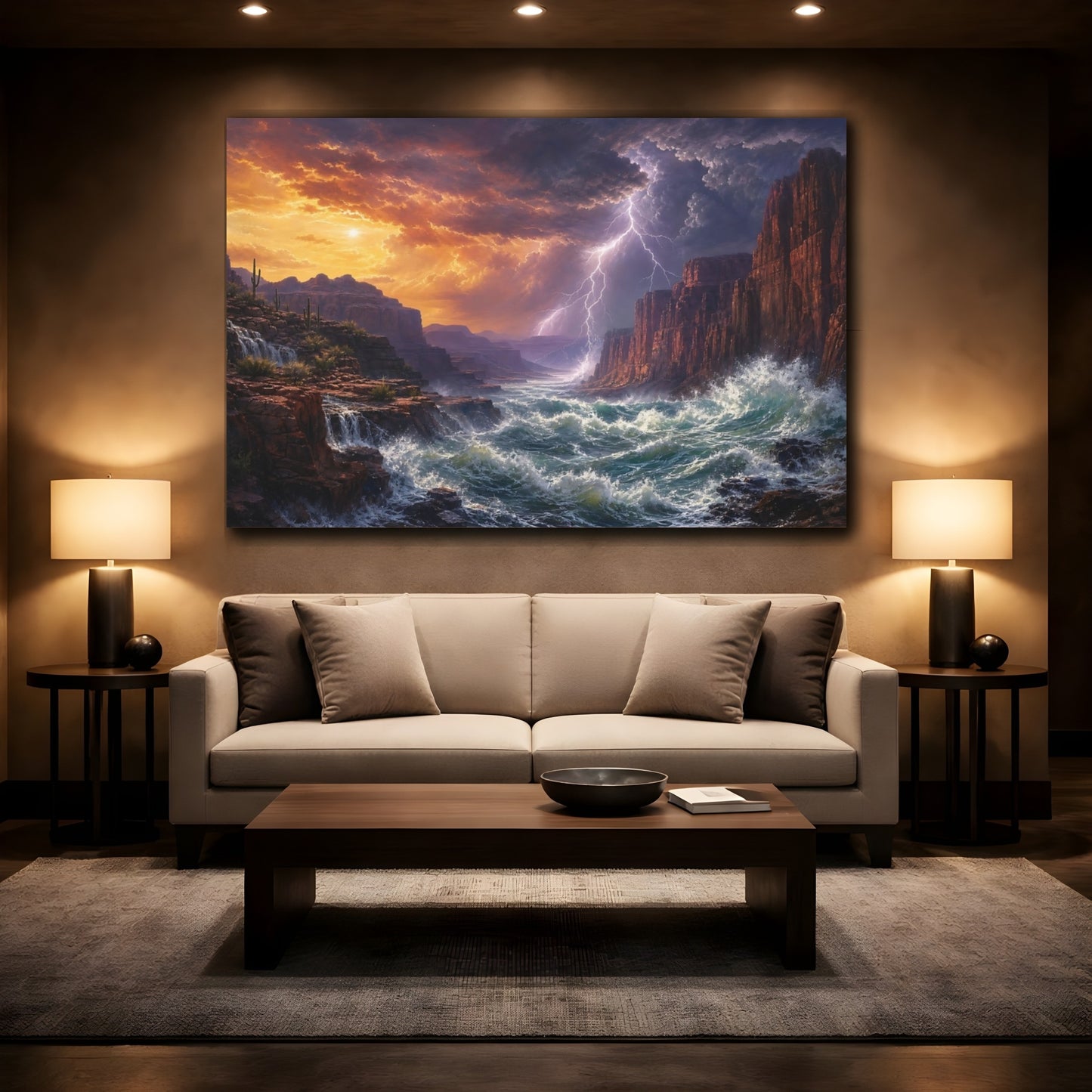 Mockup 2. Nature Canyon River Canyon Storm shown as stretched canvas wall art