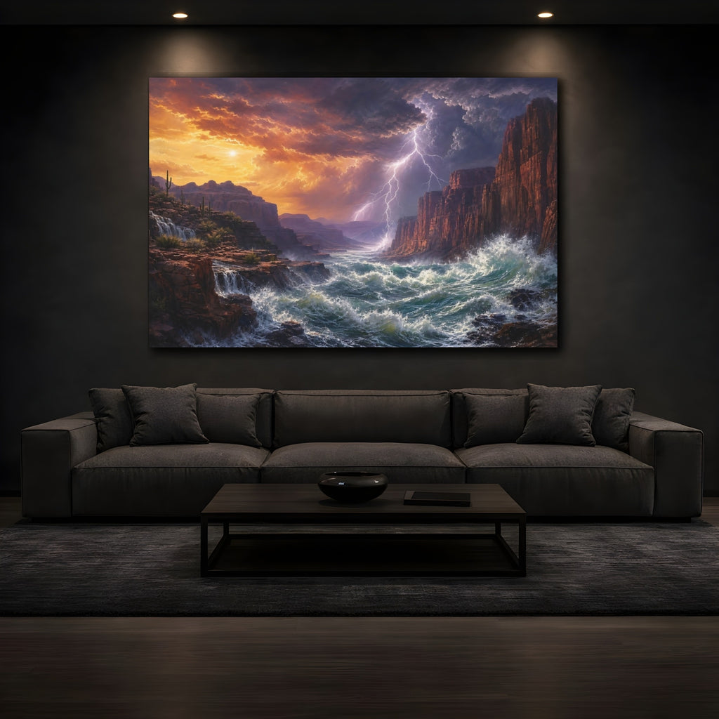 Mockup 3. Nature Canyon River Canyon Storm shown as stretched canvas wall art