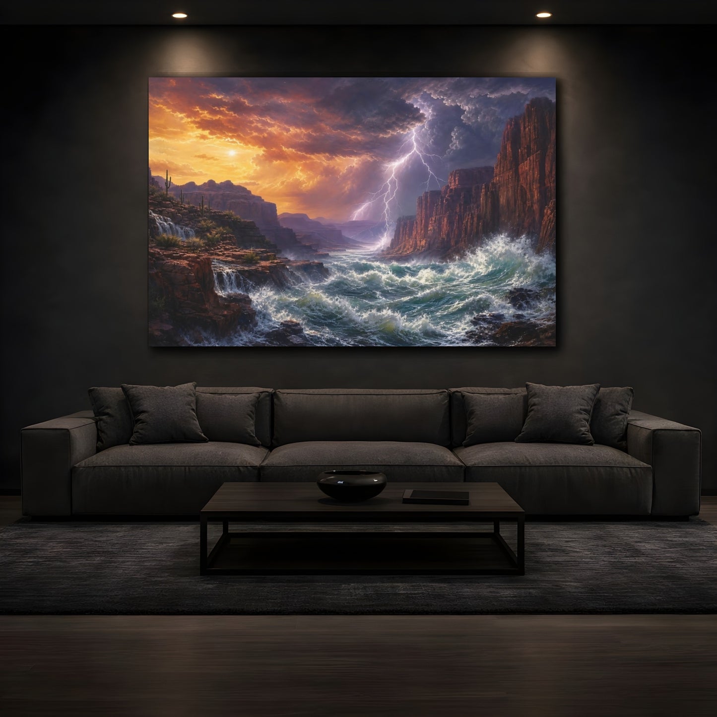 Mockup 3. Nature Canyon River Canyon Storm shown as stretched canvas wall art