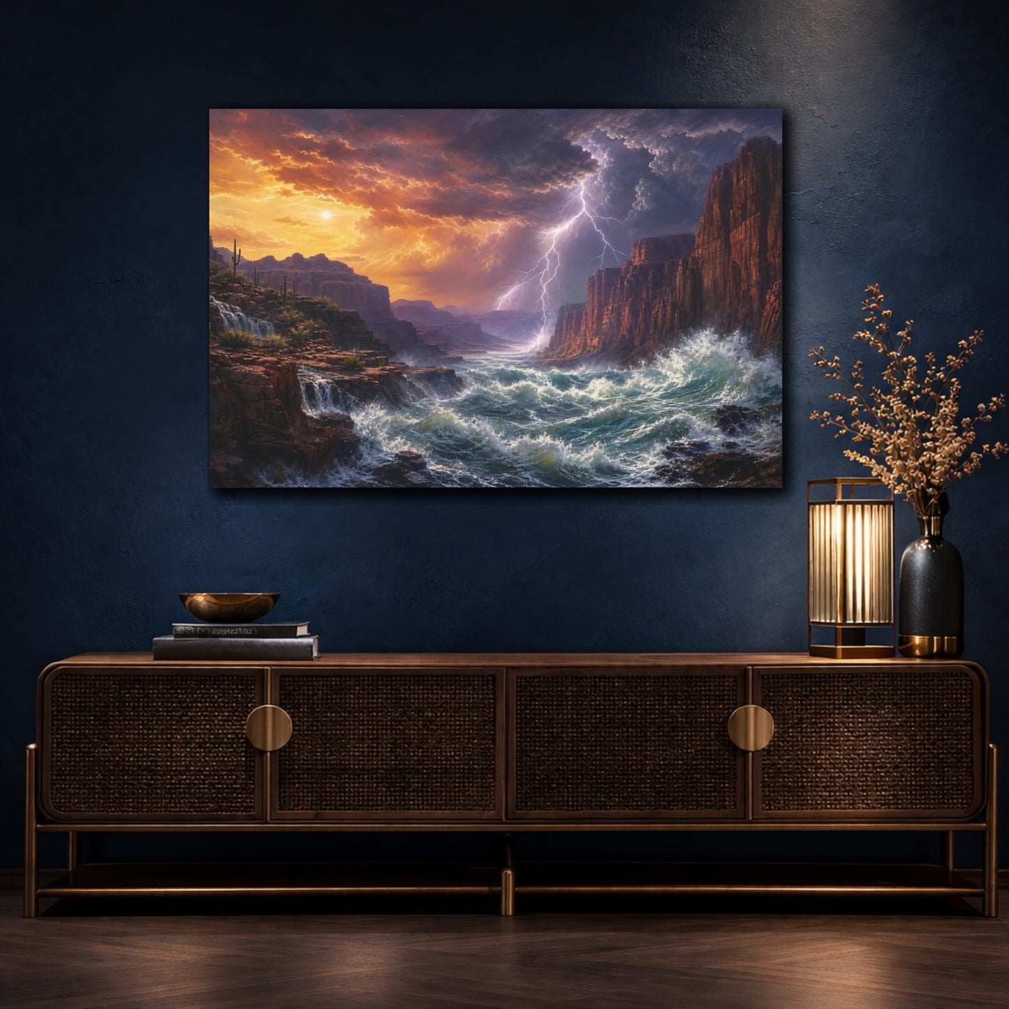 Mockup 4. Nature Canyon River Canyon Storm shown as stretched canvas wall art