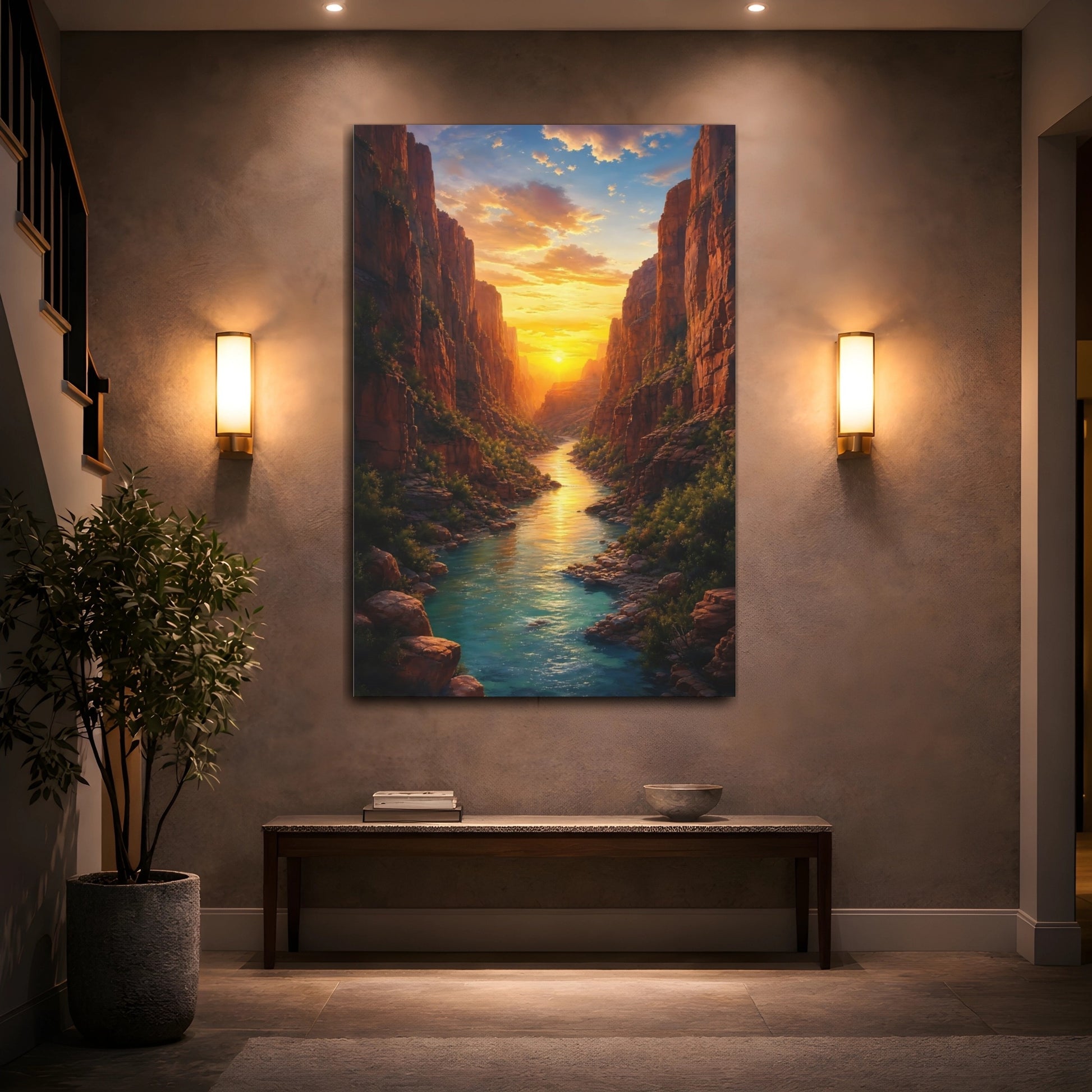 Mockup 2. Nature Canyon River Canyon Sunset River shown as stretched canvas wall art