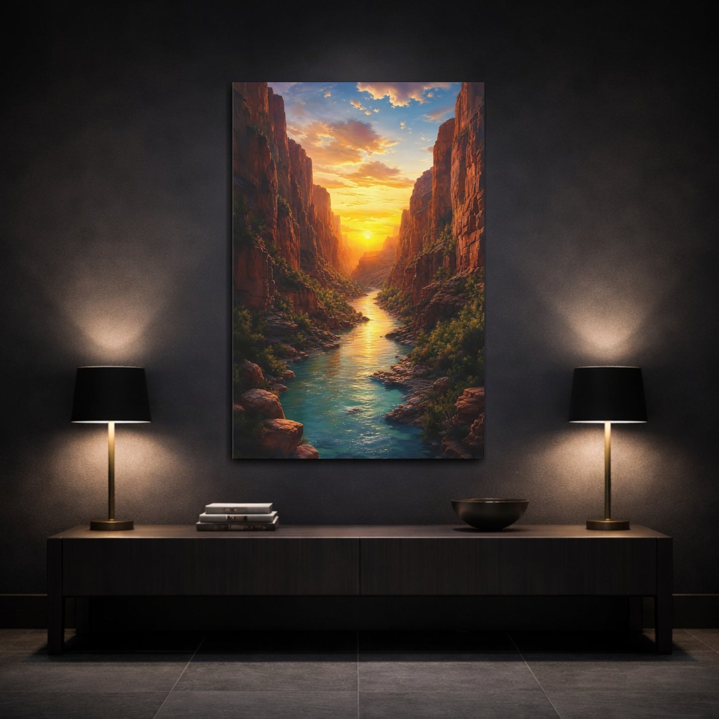 Mockup 3. Nature Canyon River Canyon Sunset River shown as stretched canvas wall art