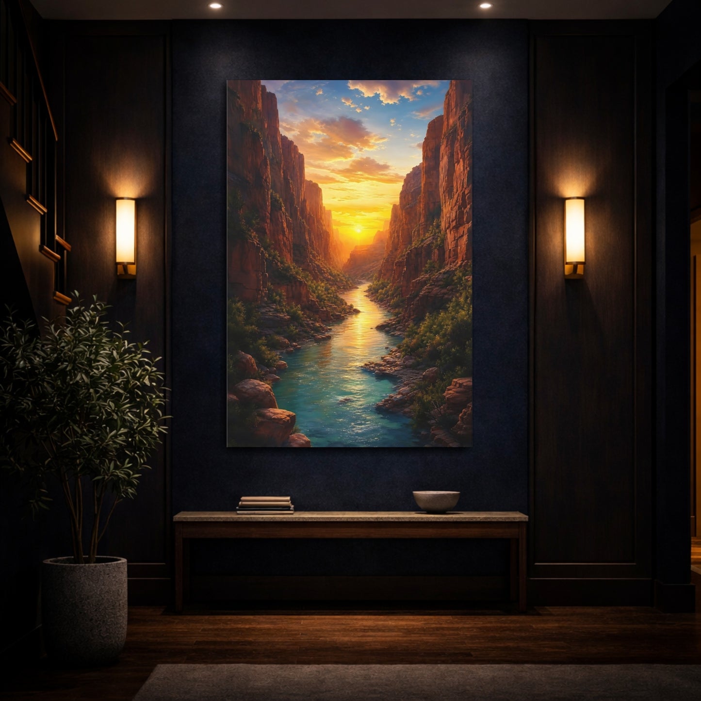 Mockup 4. Nature Canyon River Canyon Sunset River shown as stretched canvas wall art