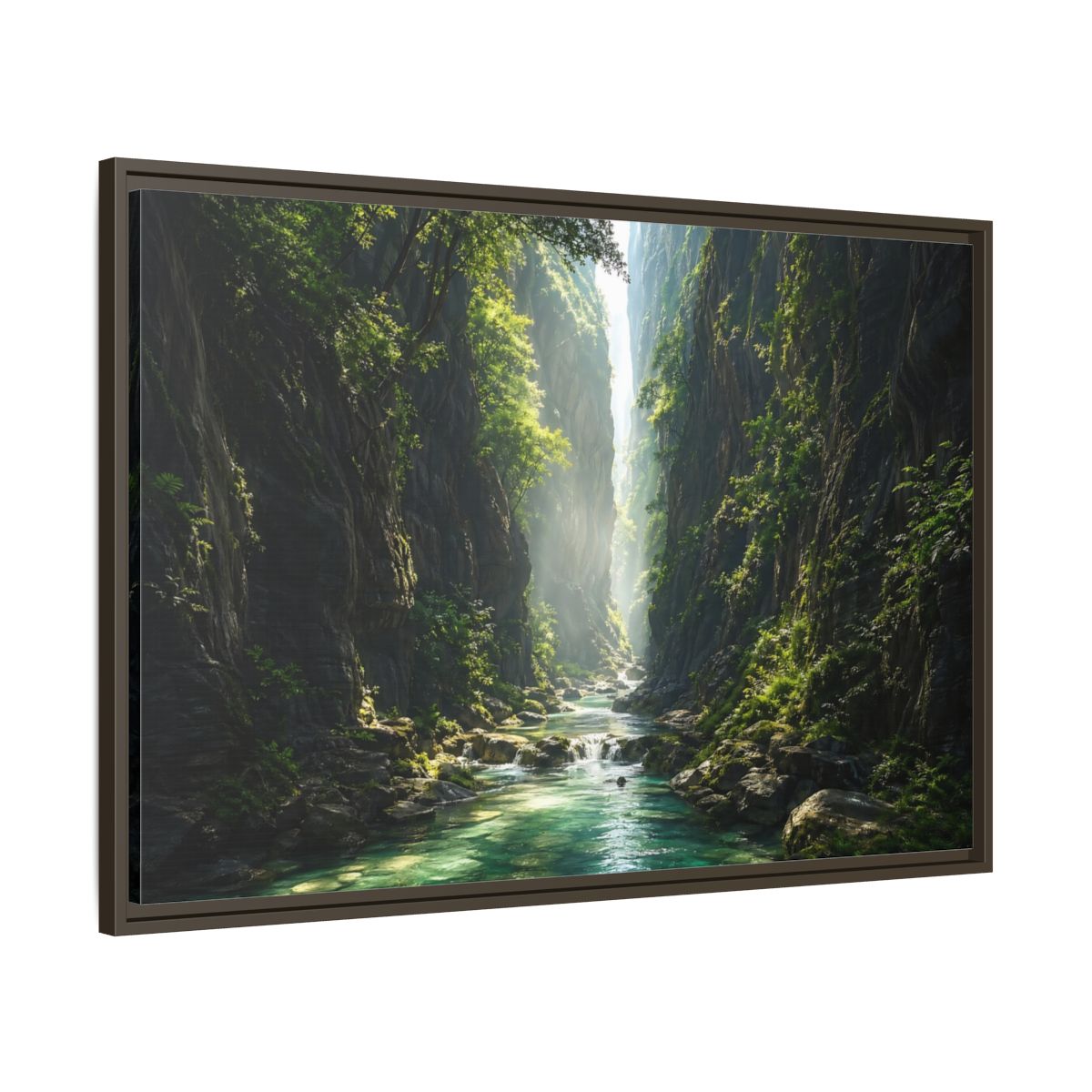 Main Mockup. Nature Canyon River Emerald Green Canyon shown as stretched canvas wall art