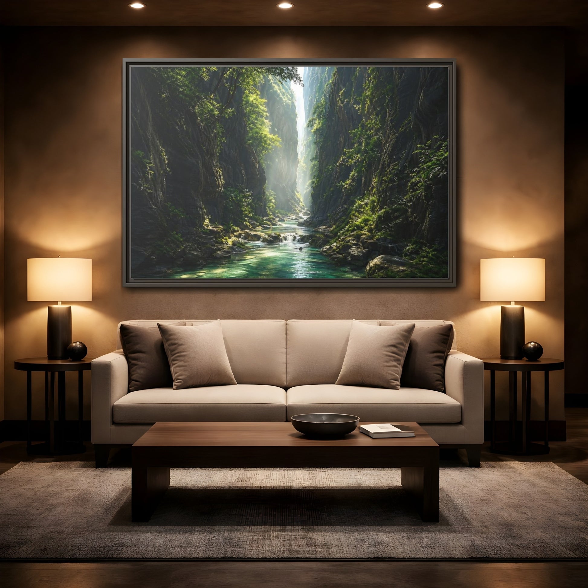 Mockup 2. Nature Canyon River Emerald Green Canyon shown as stretched canvas wall art