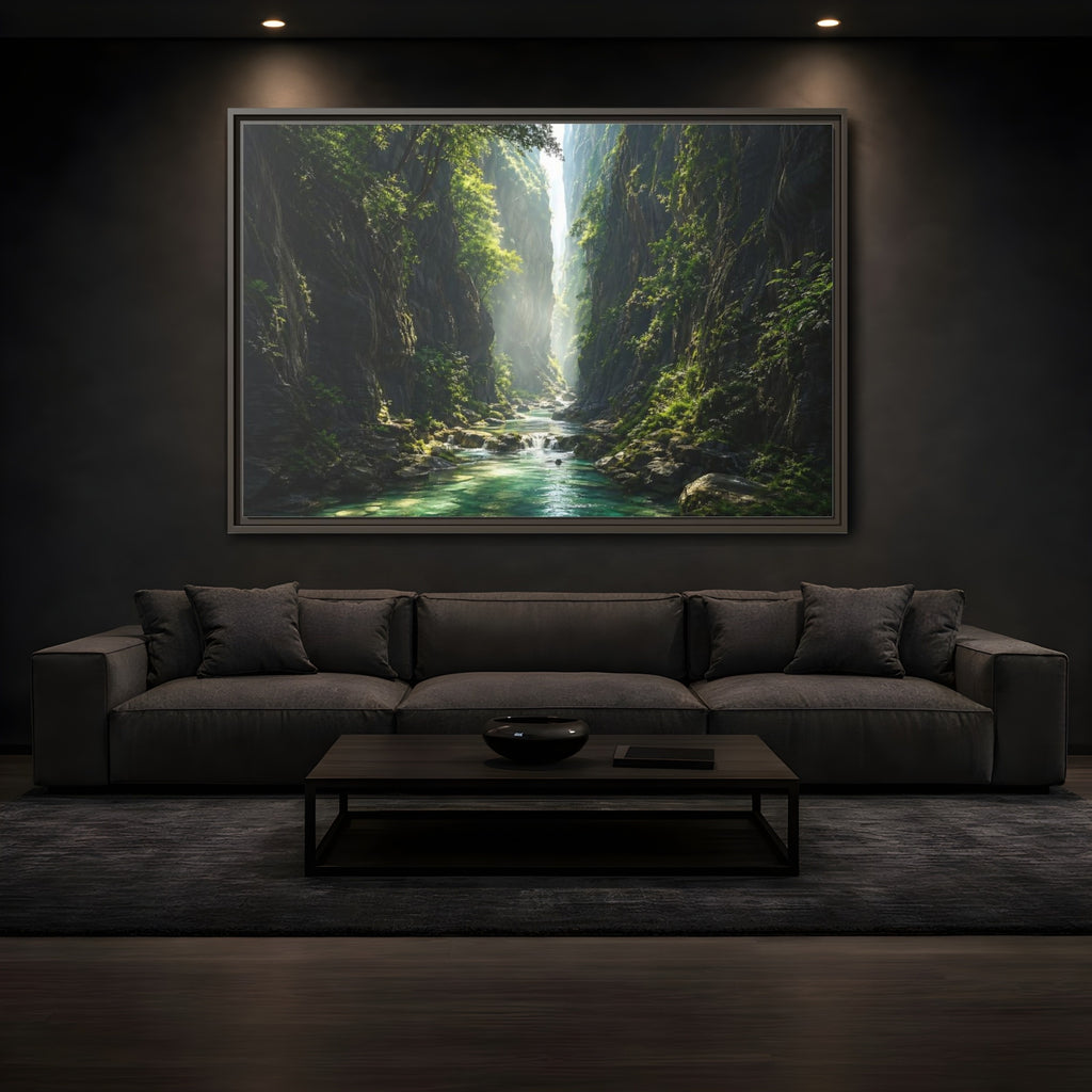 Mockup 3. Nature Canyon River Emerald Green Canyon shown as stretched canvas wall art