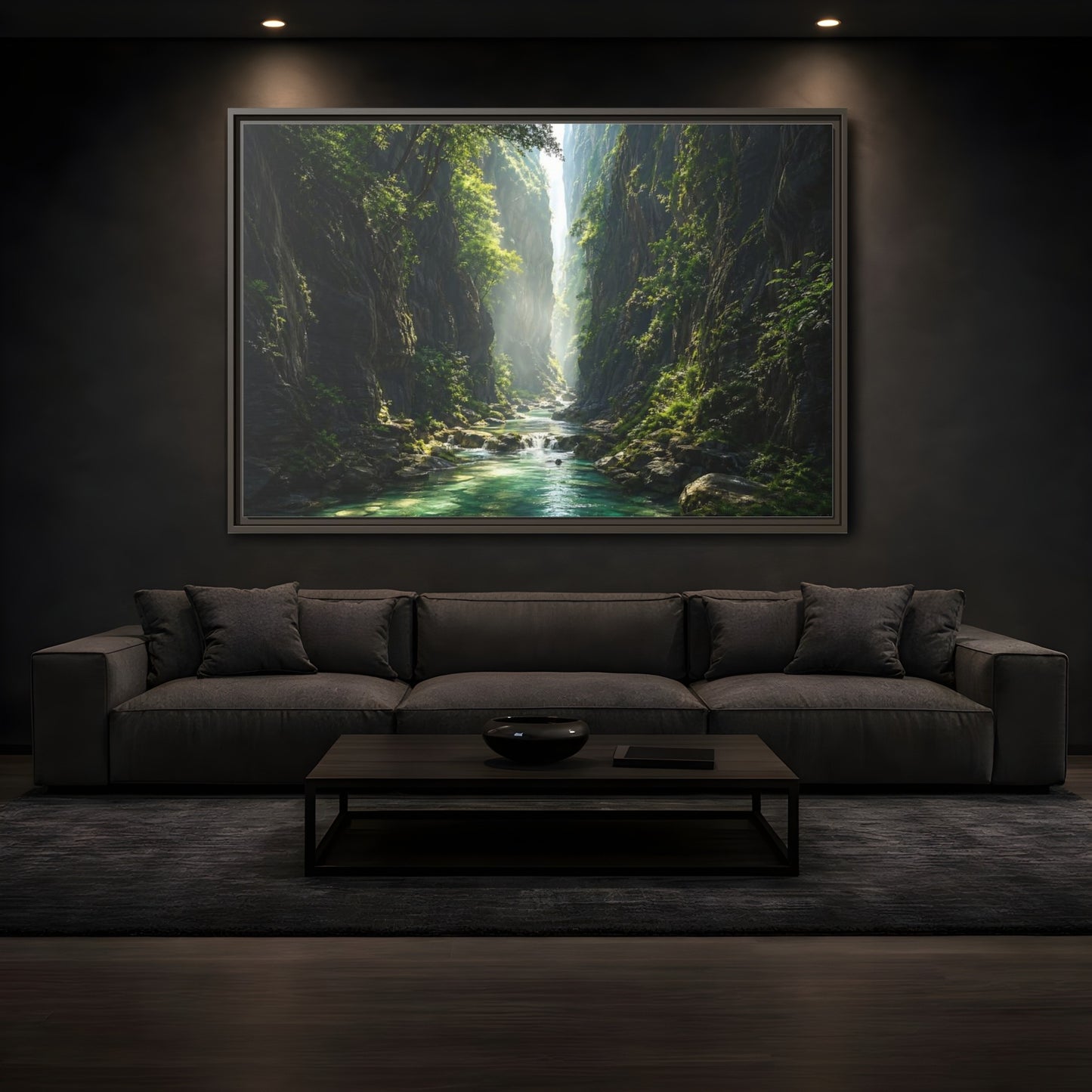 Mockup 3. Nature Canyon River Emerald Green Canyon shown as stretched canvas wall art