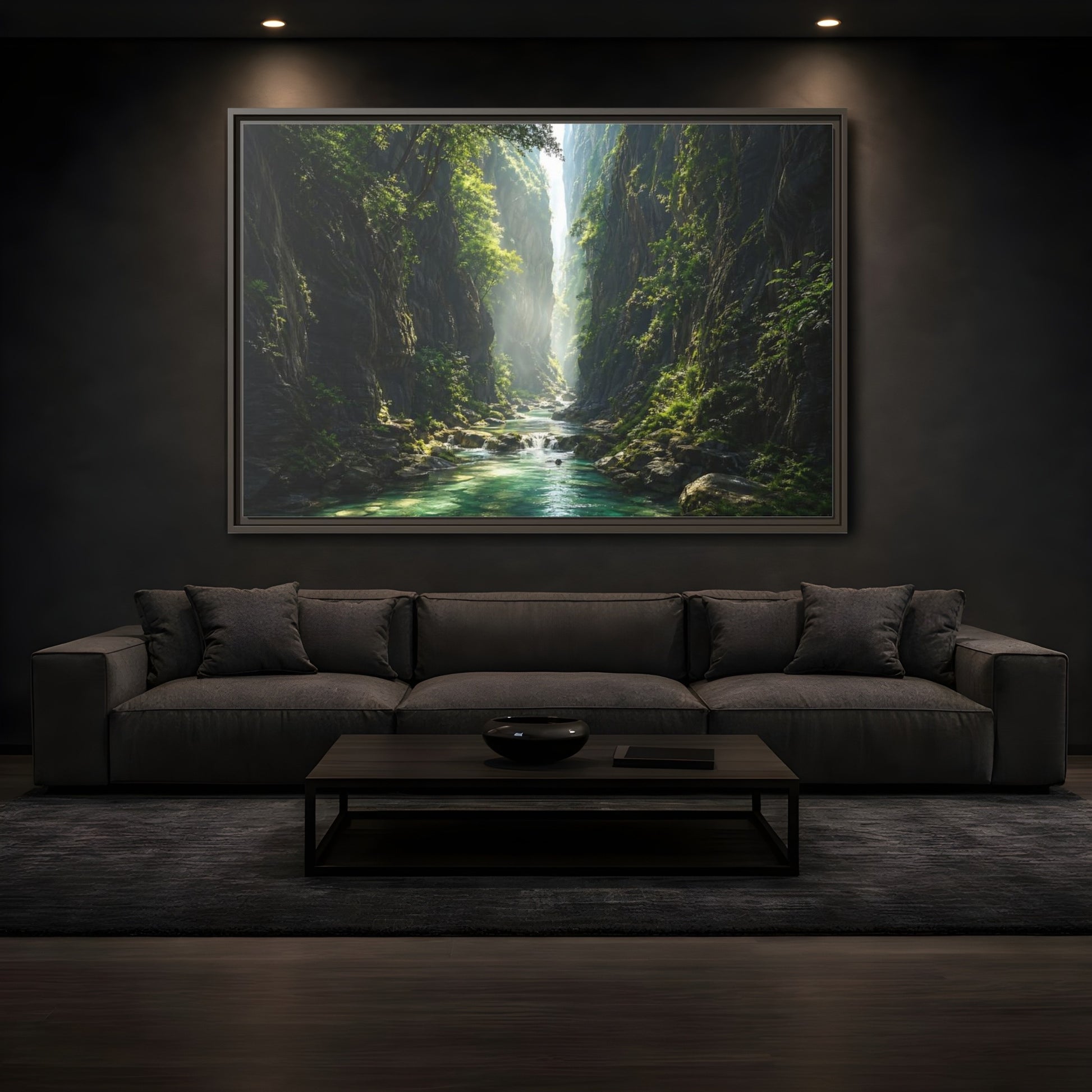 Mockup 3. Nature Canyon River Emerald Green Canyon shown as stretched canvas wall art