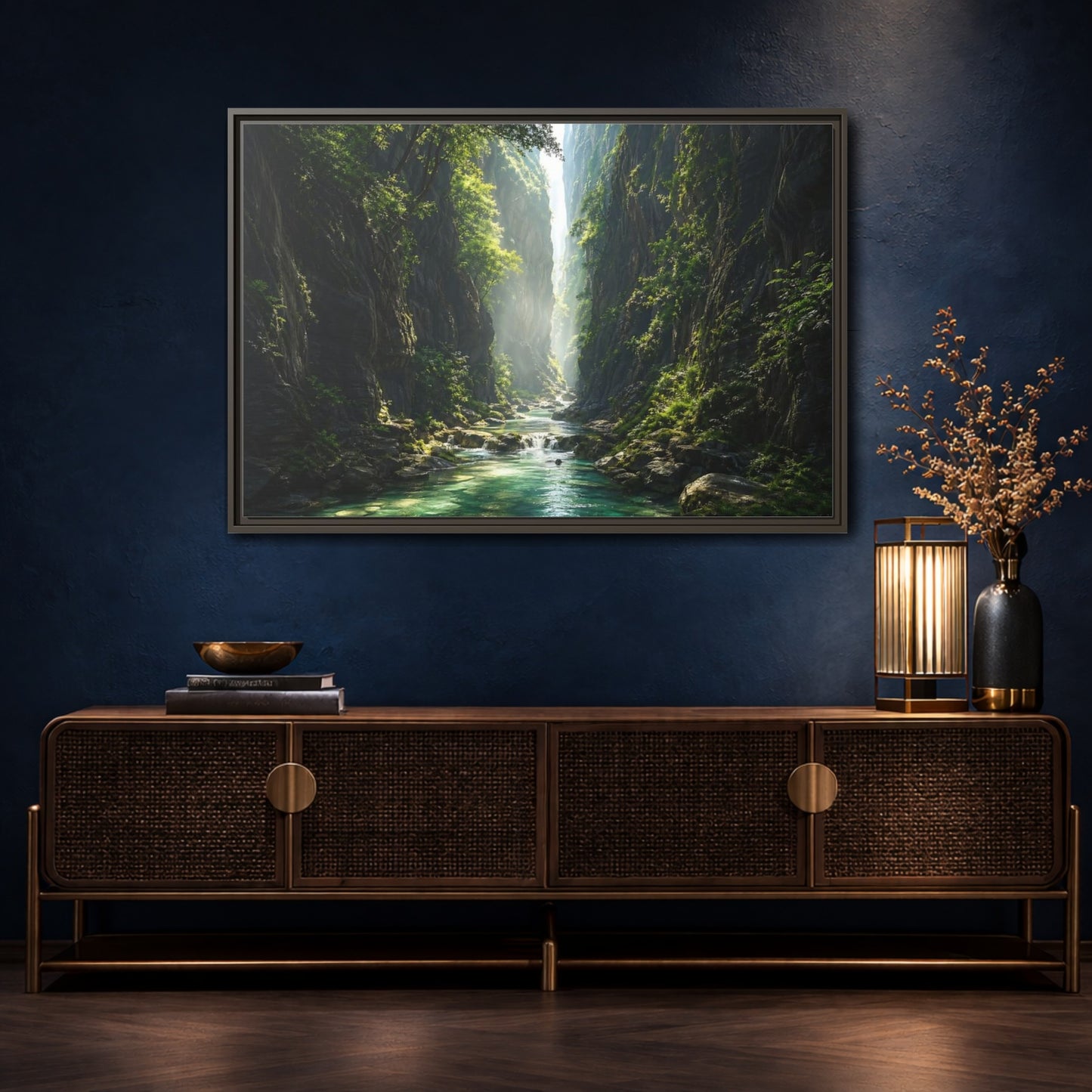 Mockup 4. Nature Canyon River Emerald Green Canyon shown as stretched canvas wall art