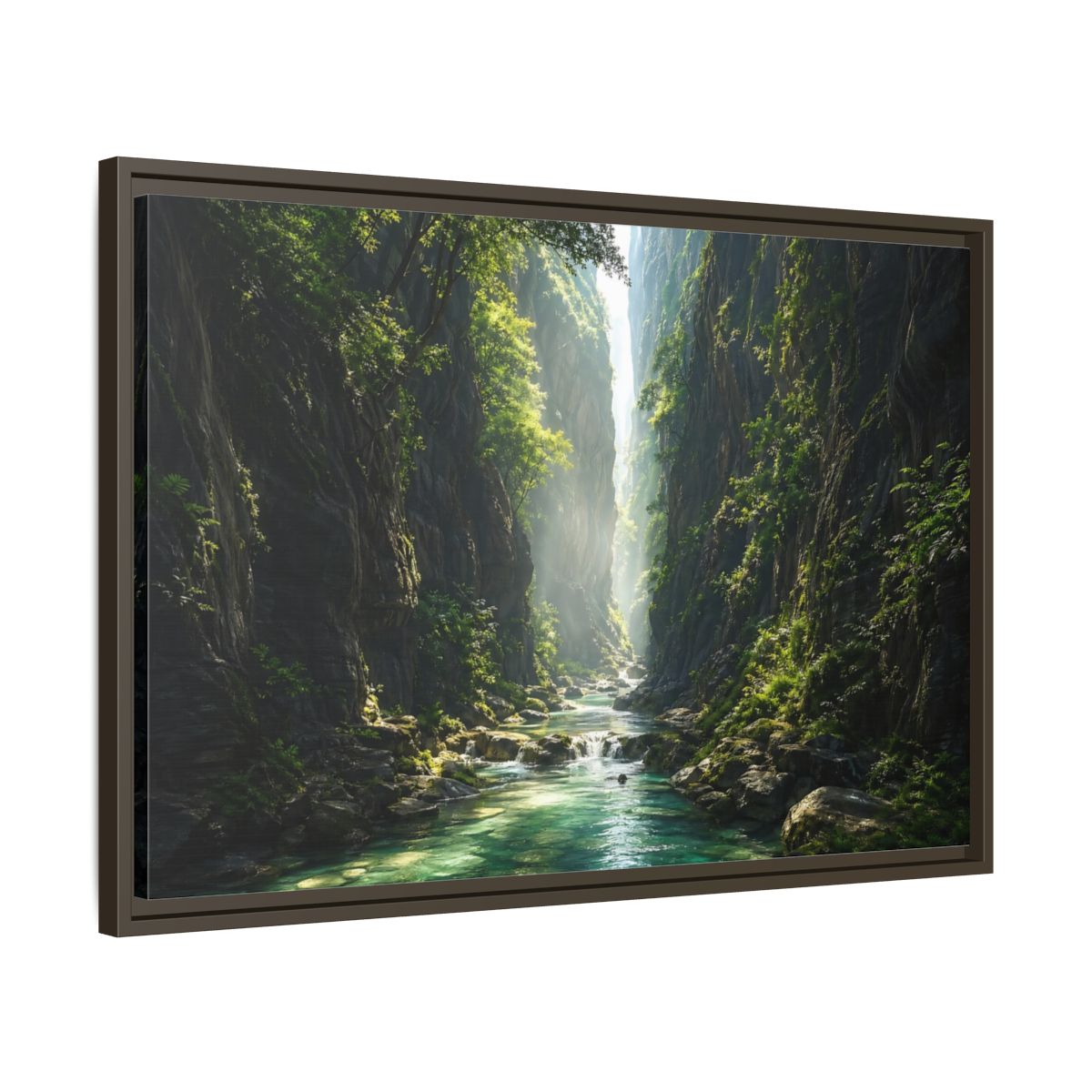 Side Mockup 11. Nature Canyon River Emerald Green Canyon shown as stretched canvas wall art