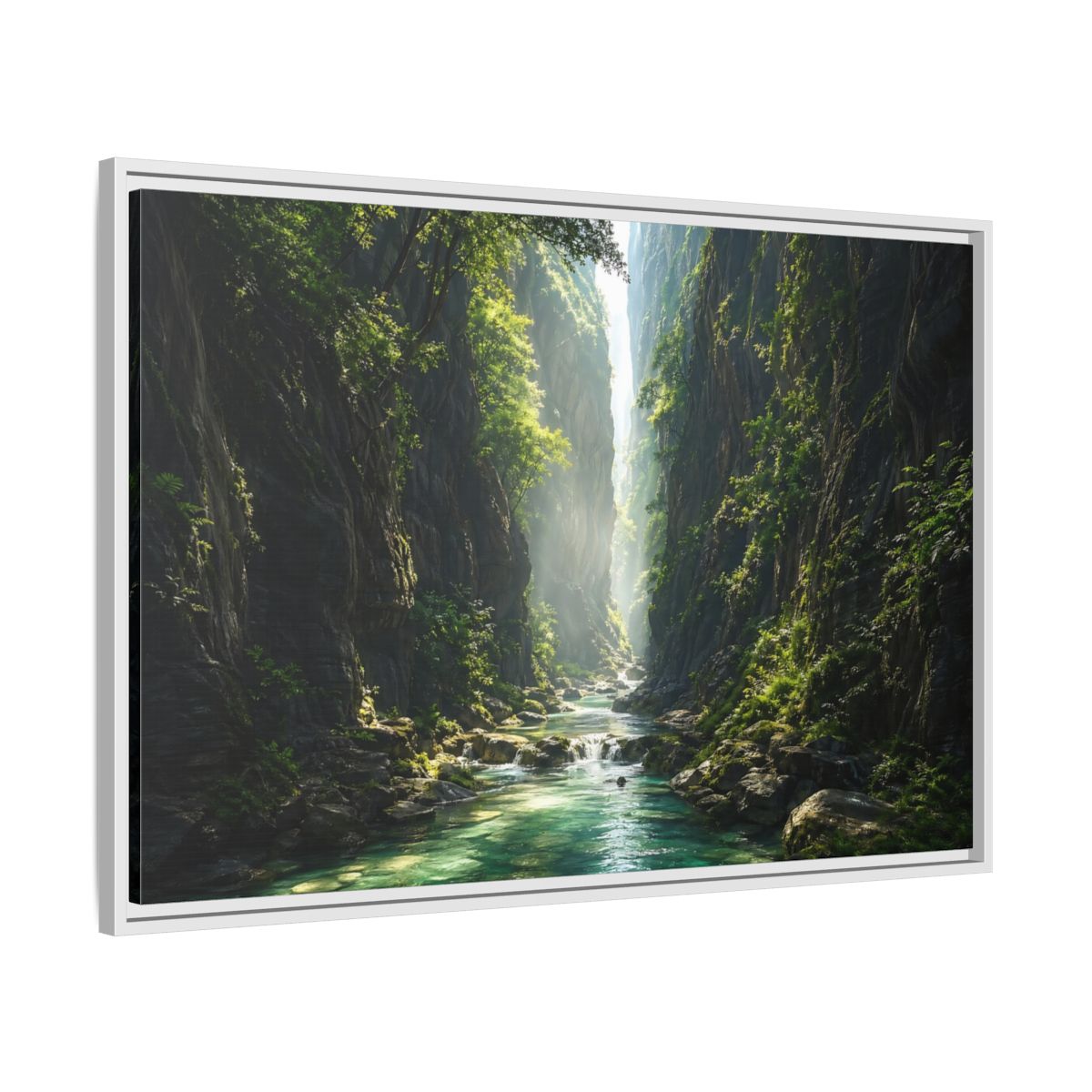 Side Mockup 9. Nature Canyon River Emerald Green Canyon shown as stretched canvas wall art