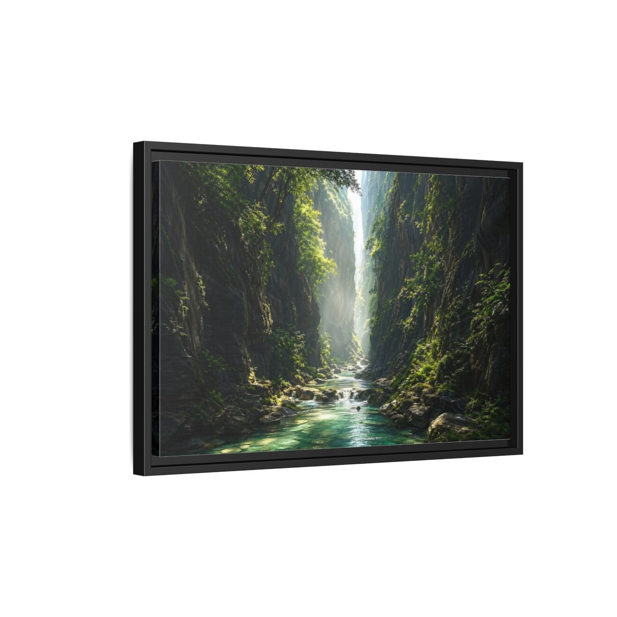 Side Mockup 3. Nature Canyon River Emerald Green Canyon shown as stretched canvas wall art